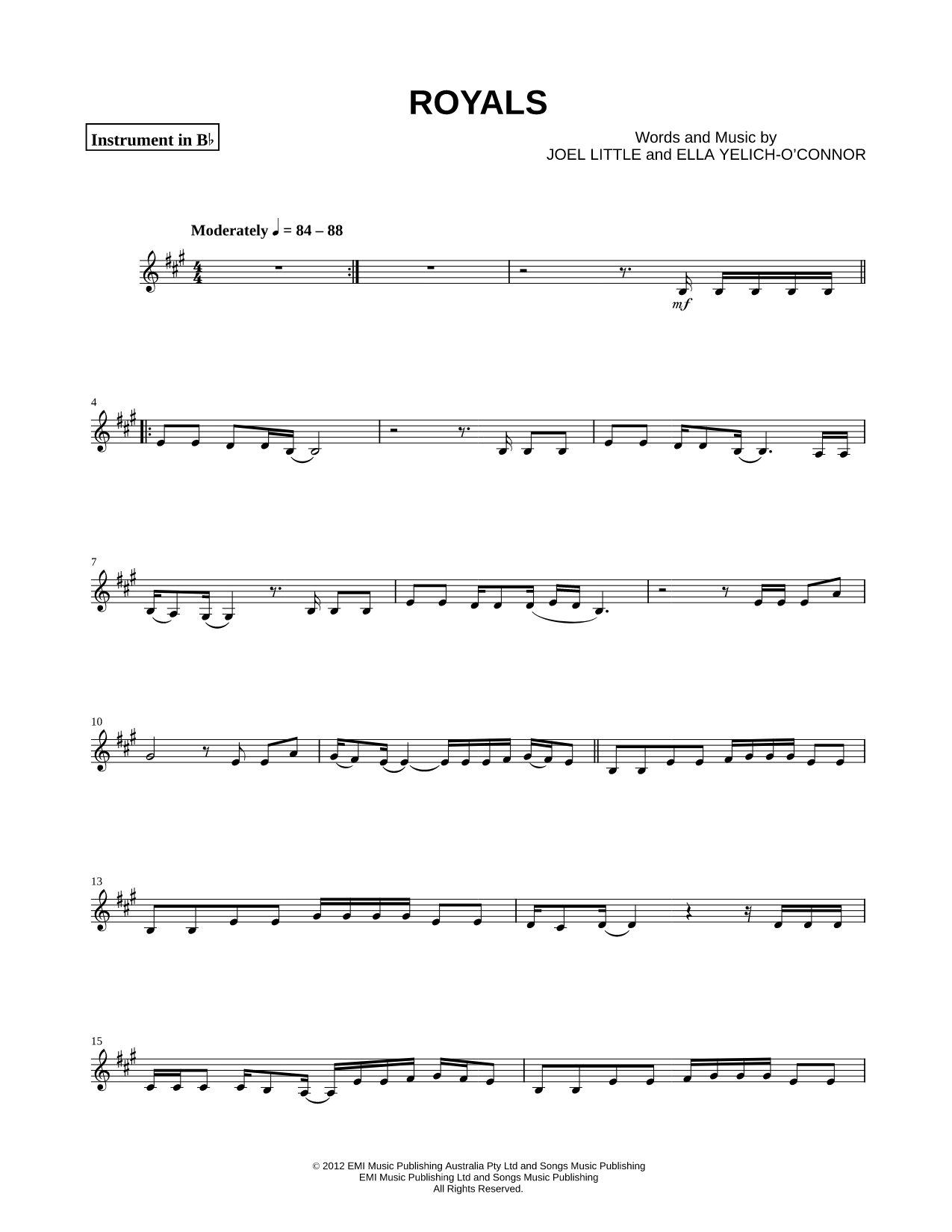 Royals - Bb Instrument Sheet Music — for Clarinet, Soprano Saxophone, Tenor Saxophone or Trumpet