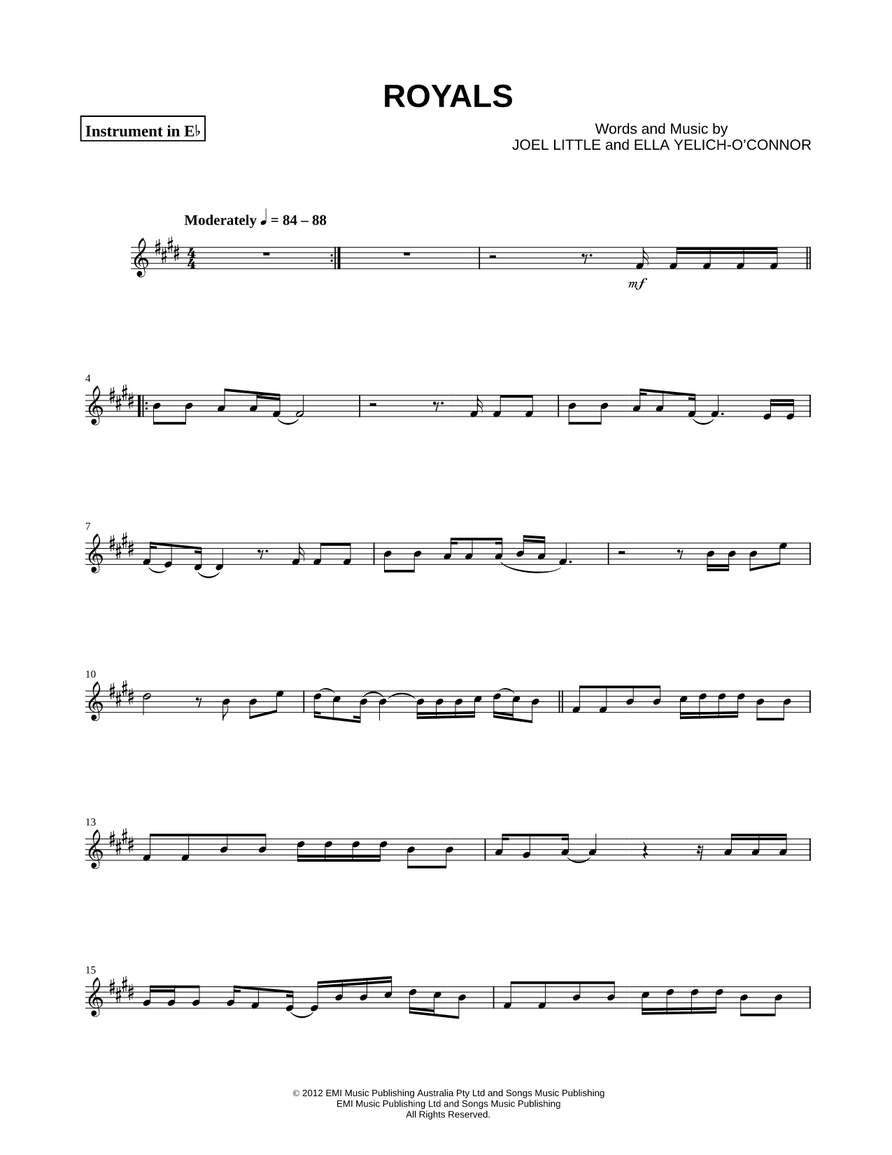 Royals - Eb Instrument Sheet Music — for Alto Saxophone or Baritone Saxophone