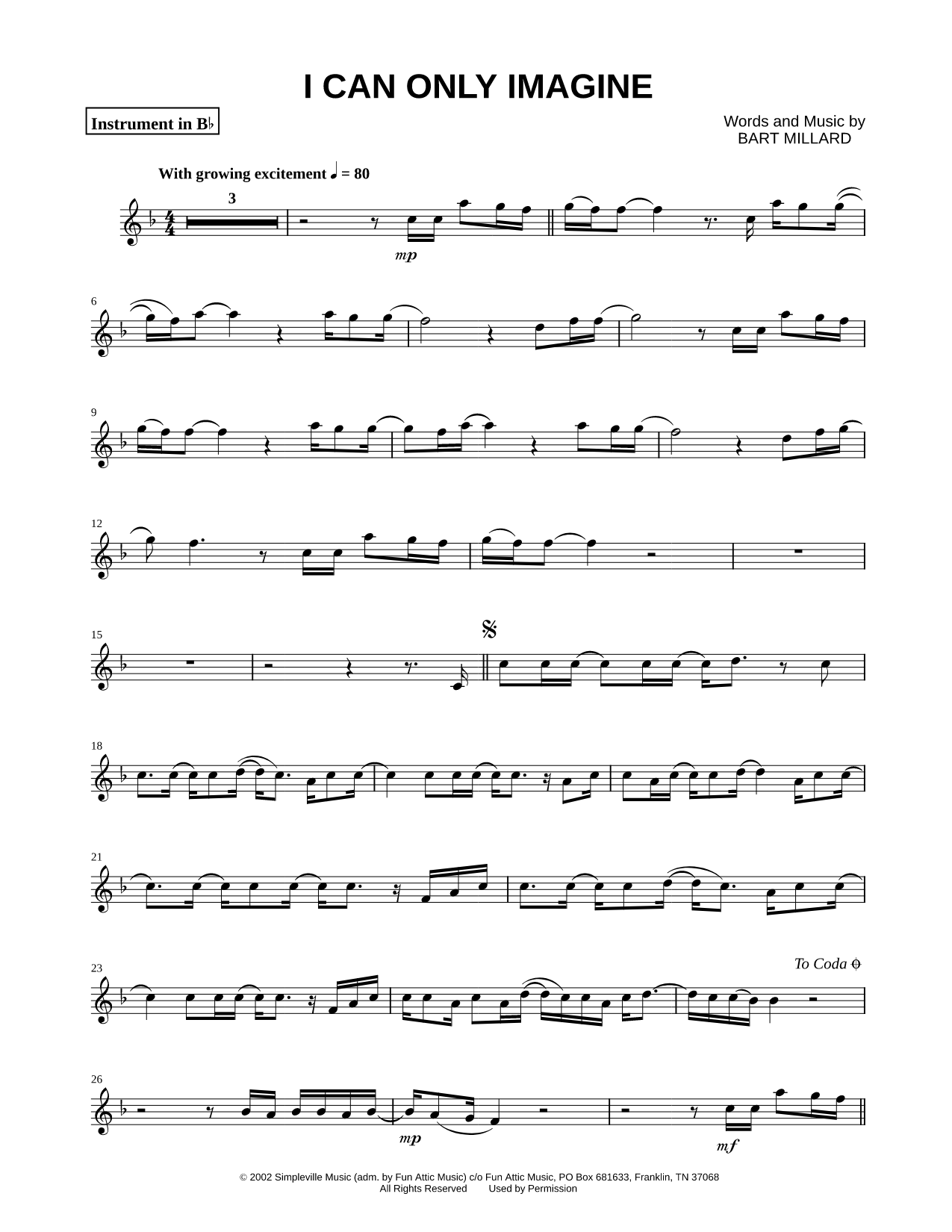 I Can Only Imagine - Bb Instrument