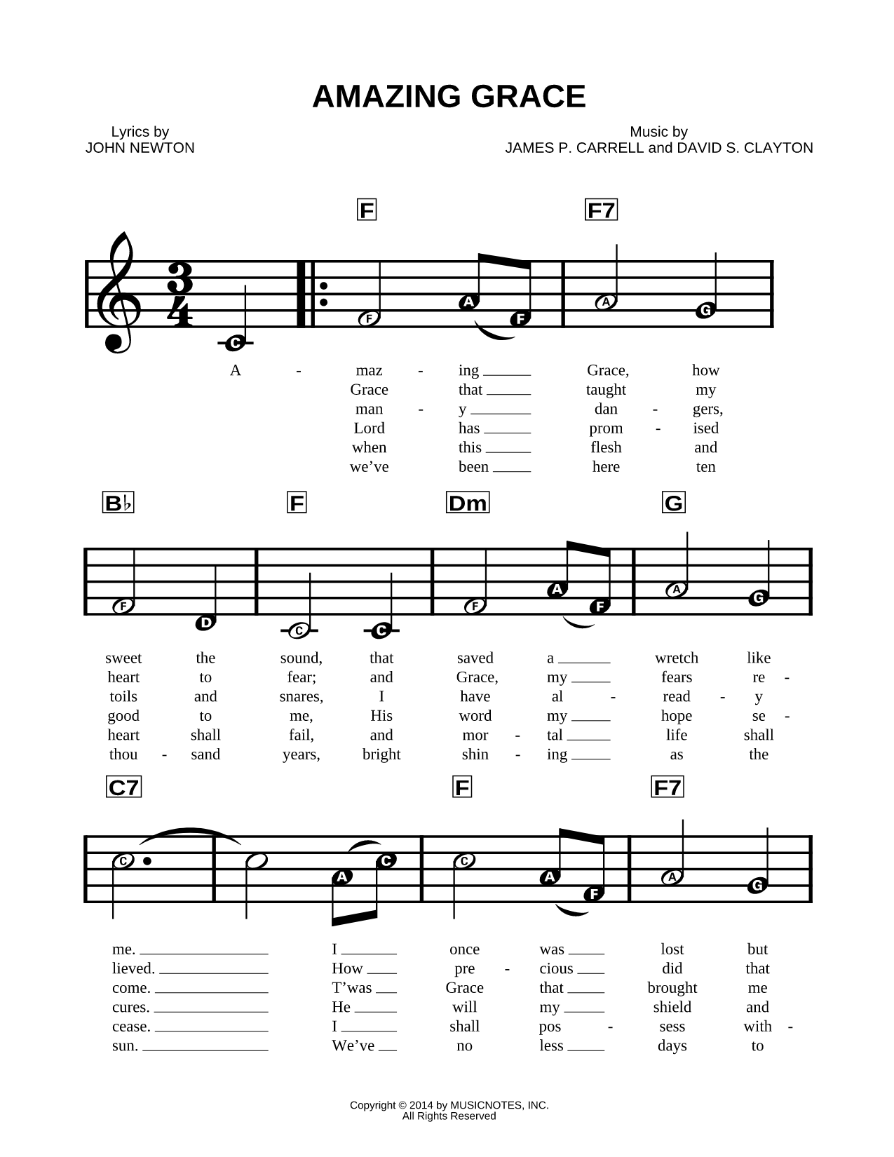 Amazing Grace Sheet Music — Beginner Notes