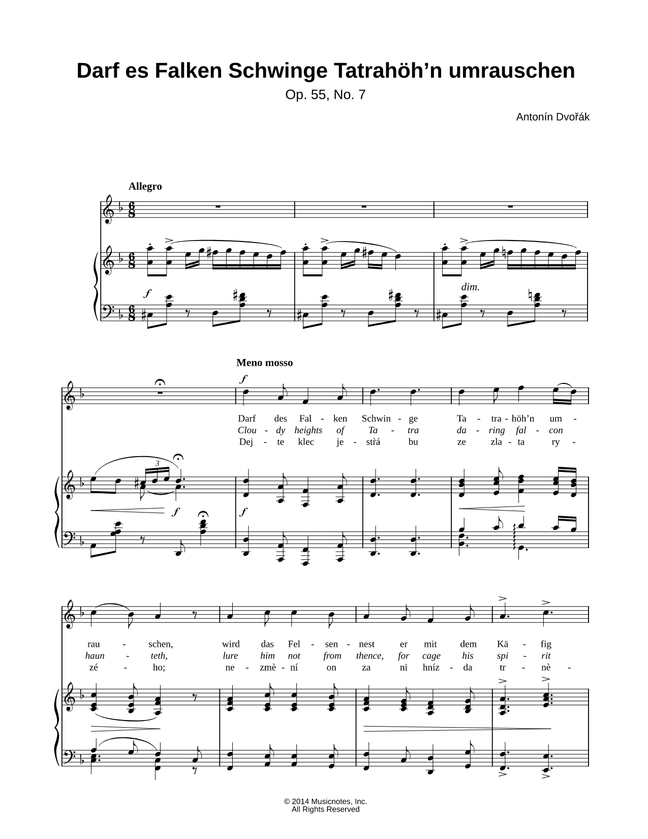Gypsy Songs, Op. 55, No. 7: Darf es Falken Schwinge Tatrahoh'n umrauschen
