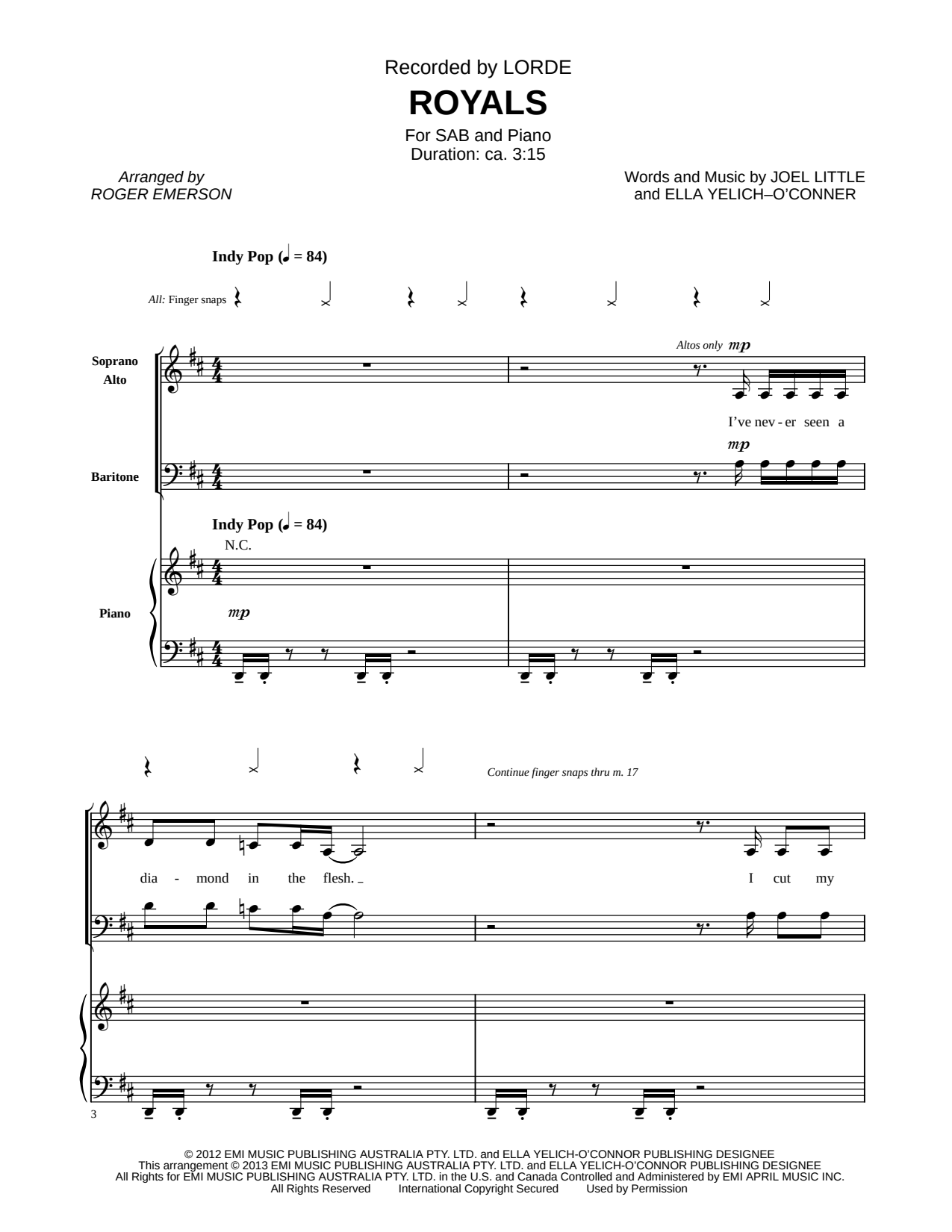 Royals Sheet Music — SAB Choir + Piano