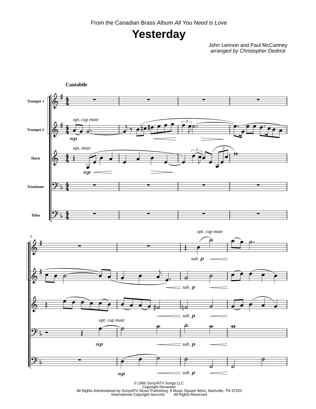 Yesterday - Brass Quintet Score