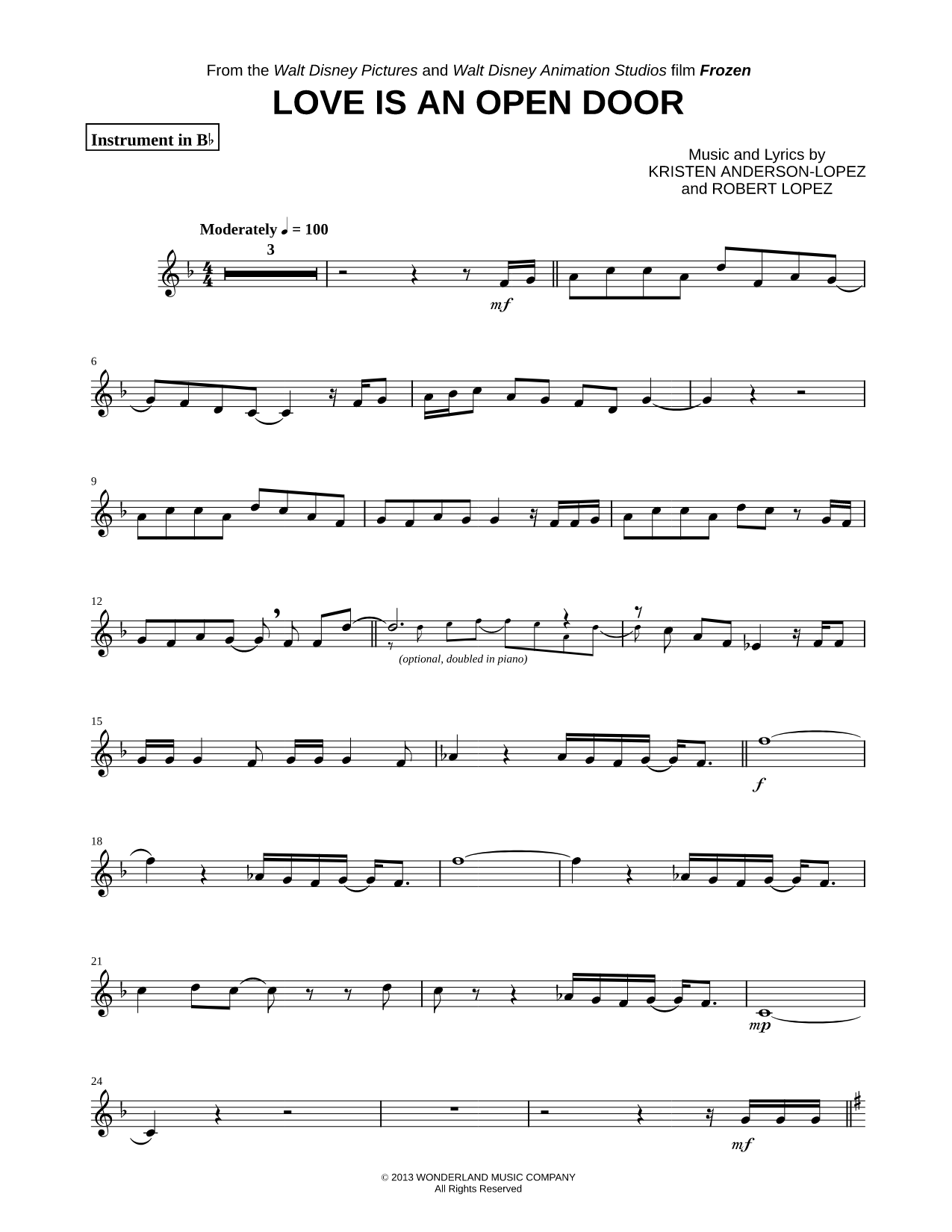 Love is an Open Door - Bb Instrument