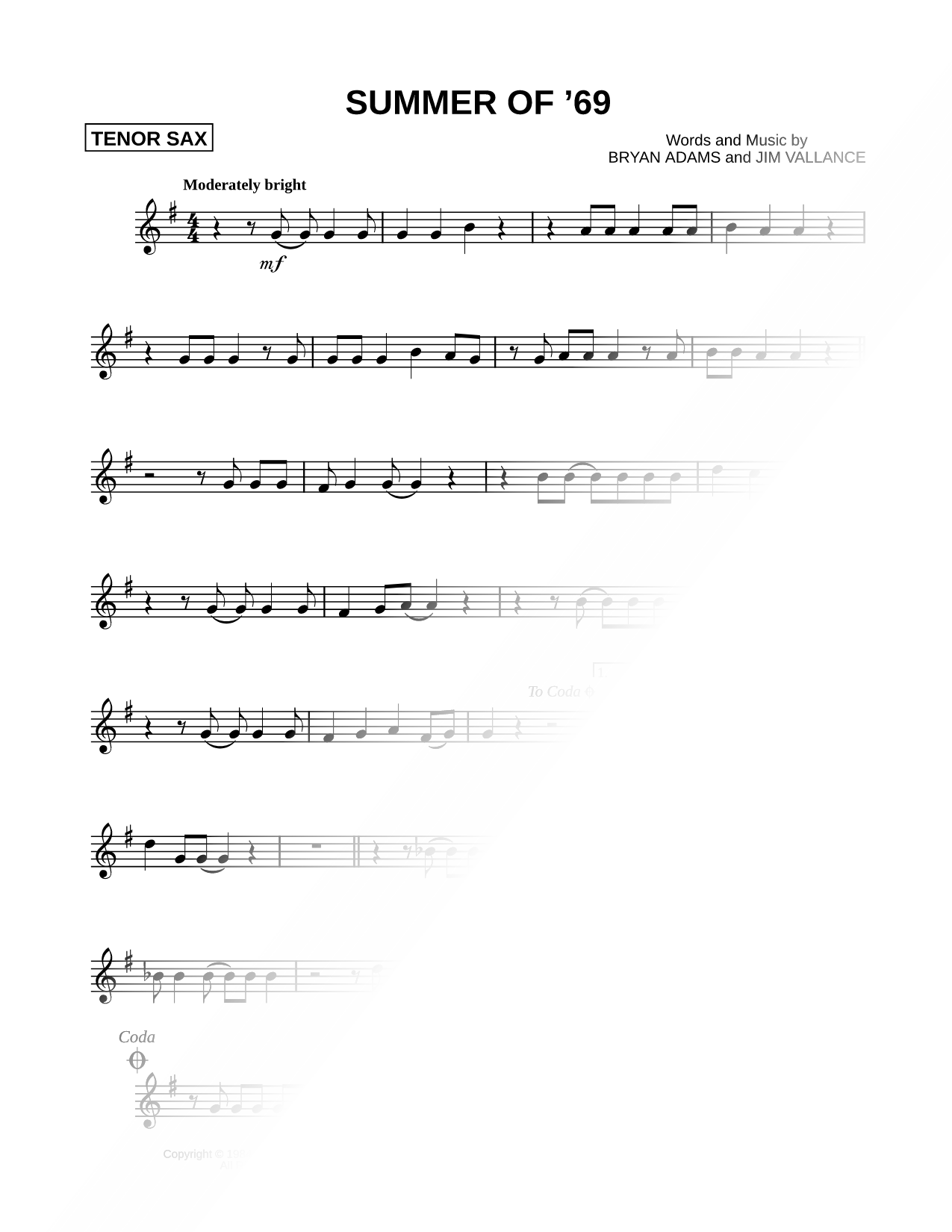 Summer of '69 - Tenor Saxophone