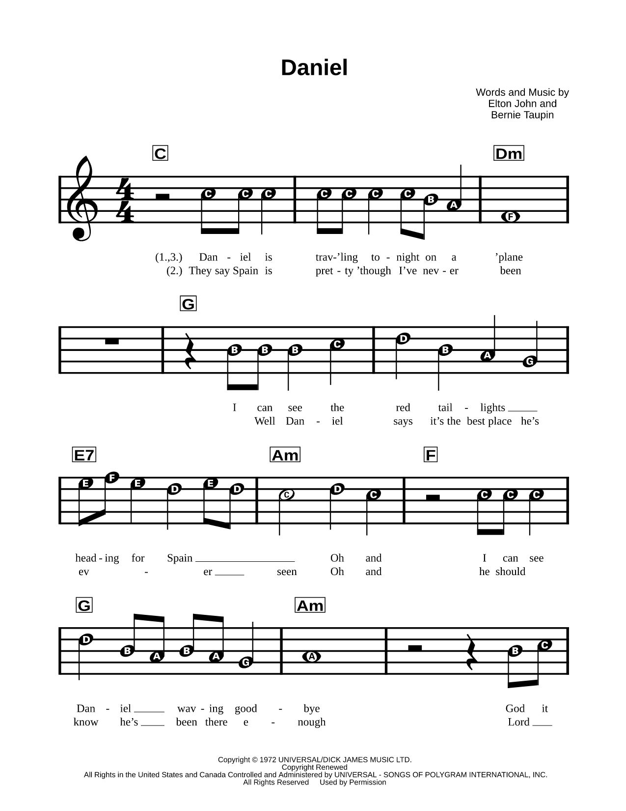 Daniel Sheet Music — Beginner Notes
