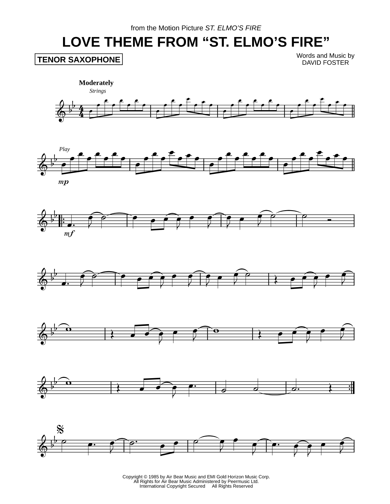 Love Theme from St. Elmo's Fire - Tenor Saxophone