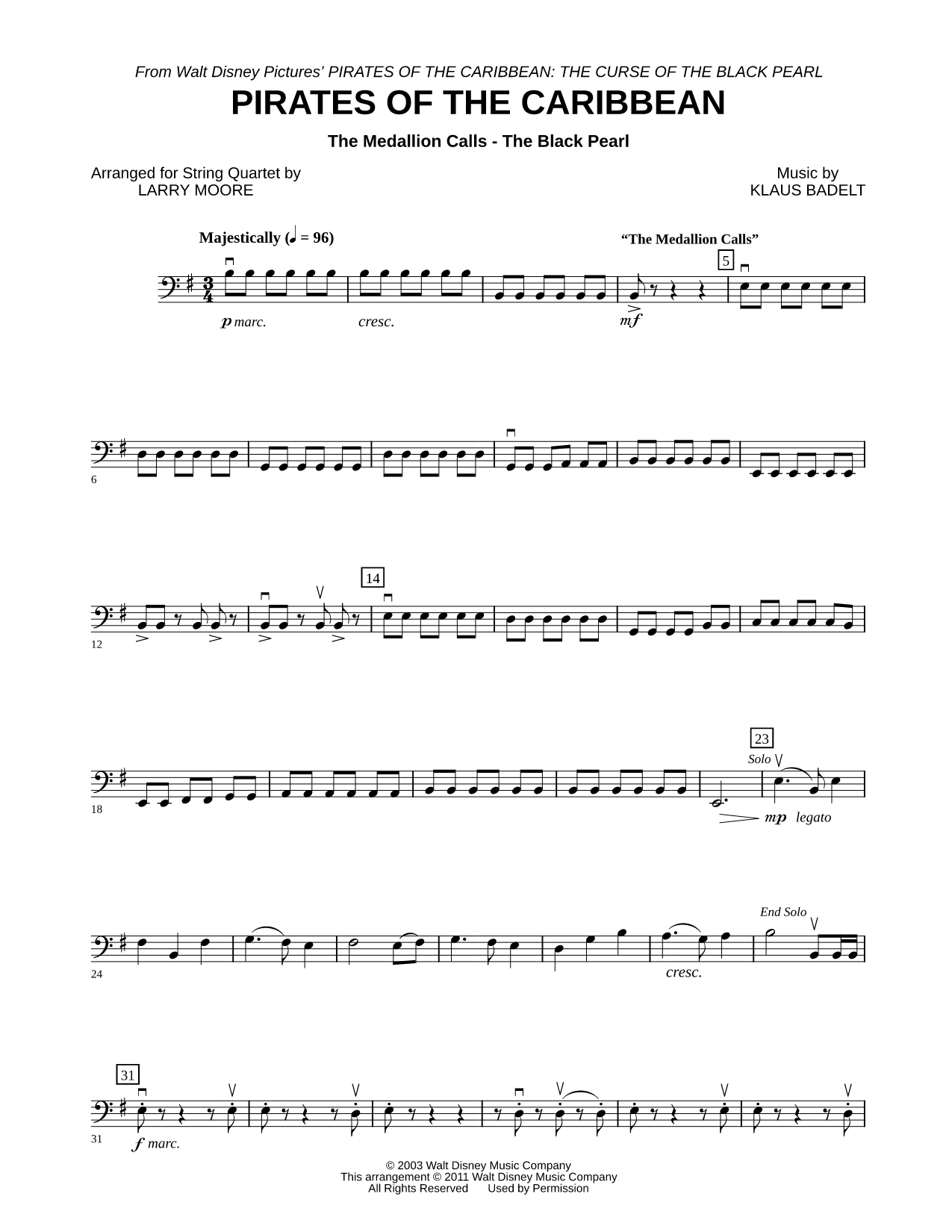 The Medallion Calls - The Black Pearl - Cello (String Quartet)