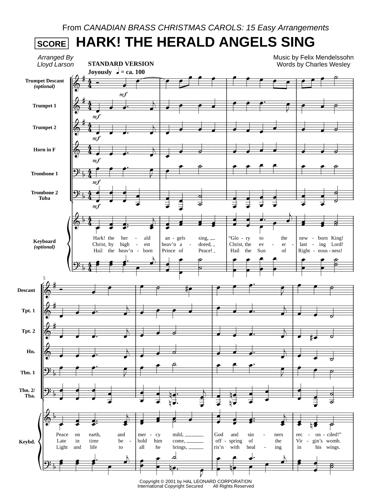 Hark! The Herald Angels Sing - Brass Quintet Score