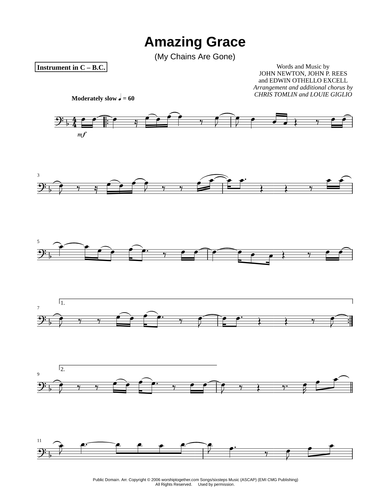 Amazing Grace (My Chains Are Gone) - Bass Clef Instrument