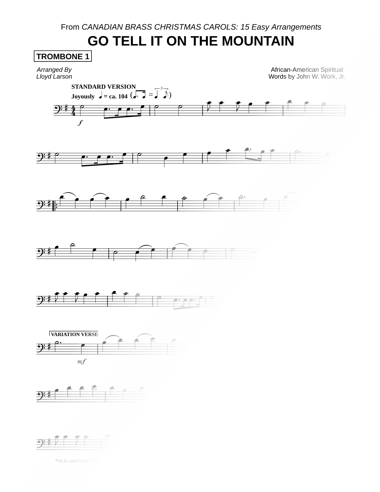 Go Tell It on the Mountain - Trombone 1 (Brass Quintet)