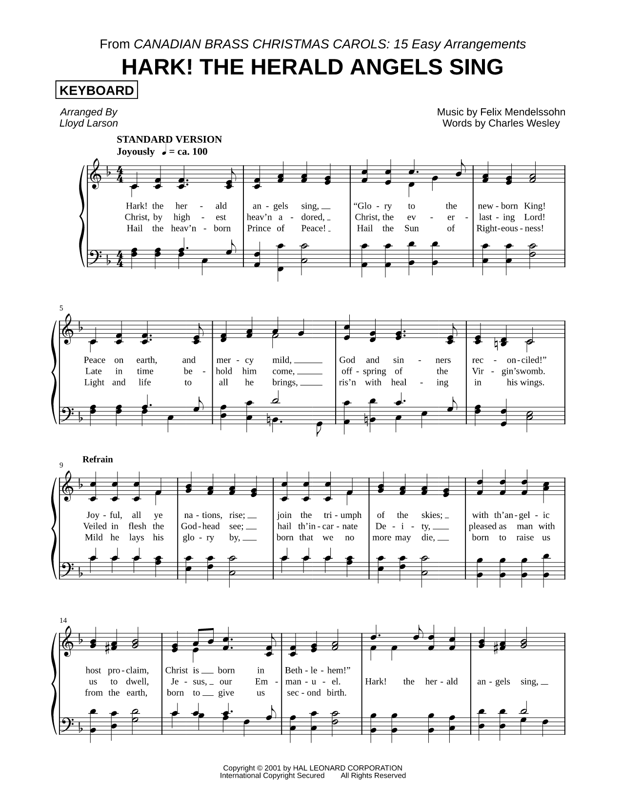 Hark! The Herald Angels Sing - Keyboard (Brass Quintet)