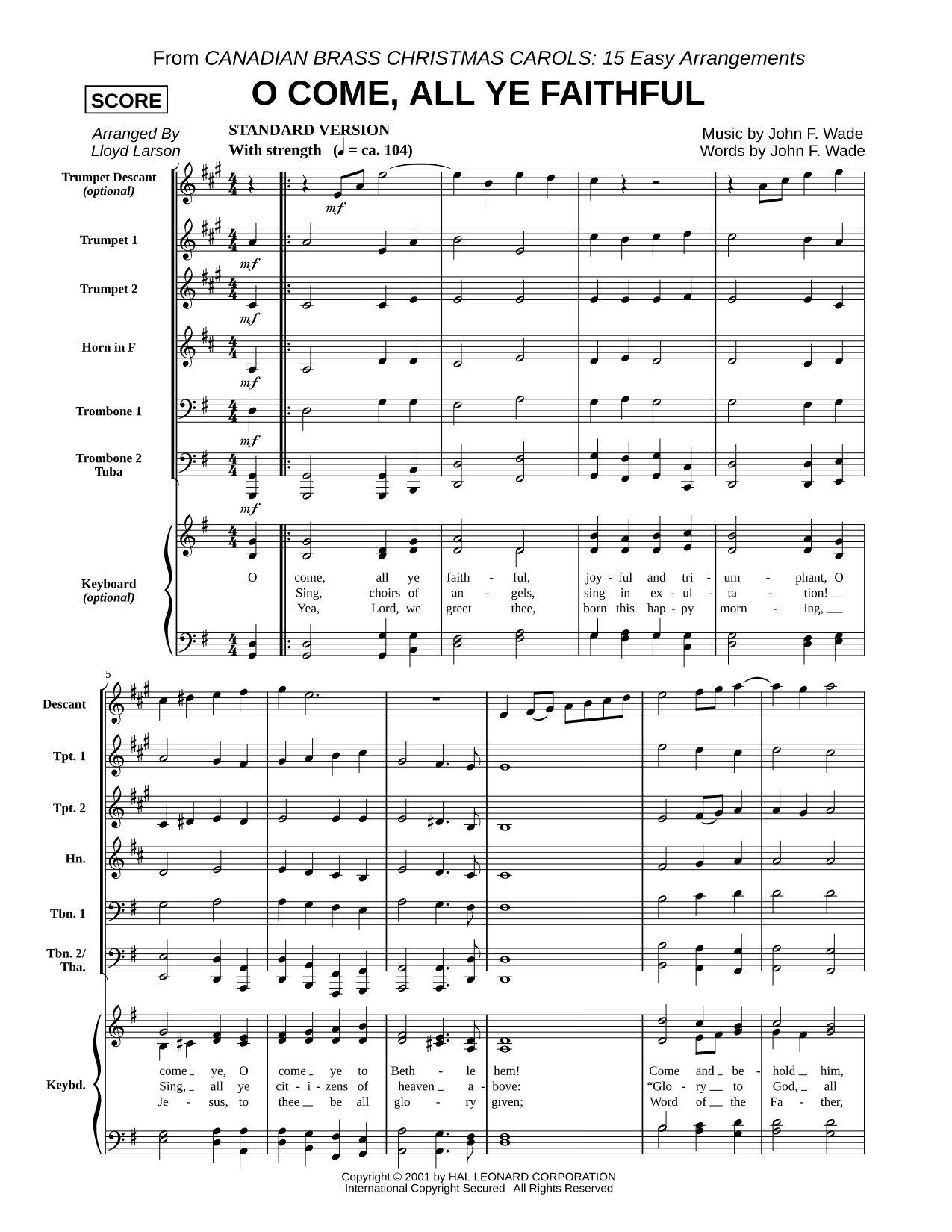 O Come, All Ye Faithful - Brass Quintet Score