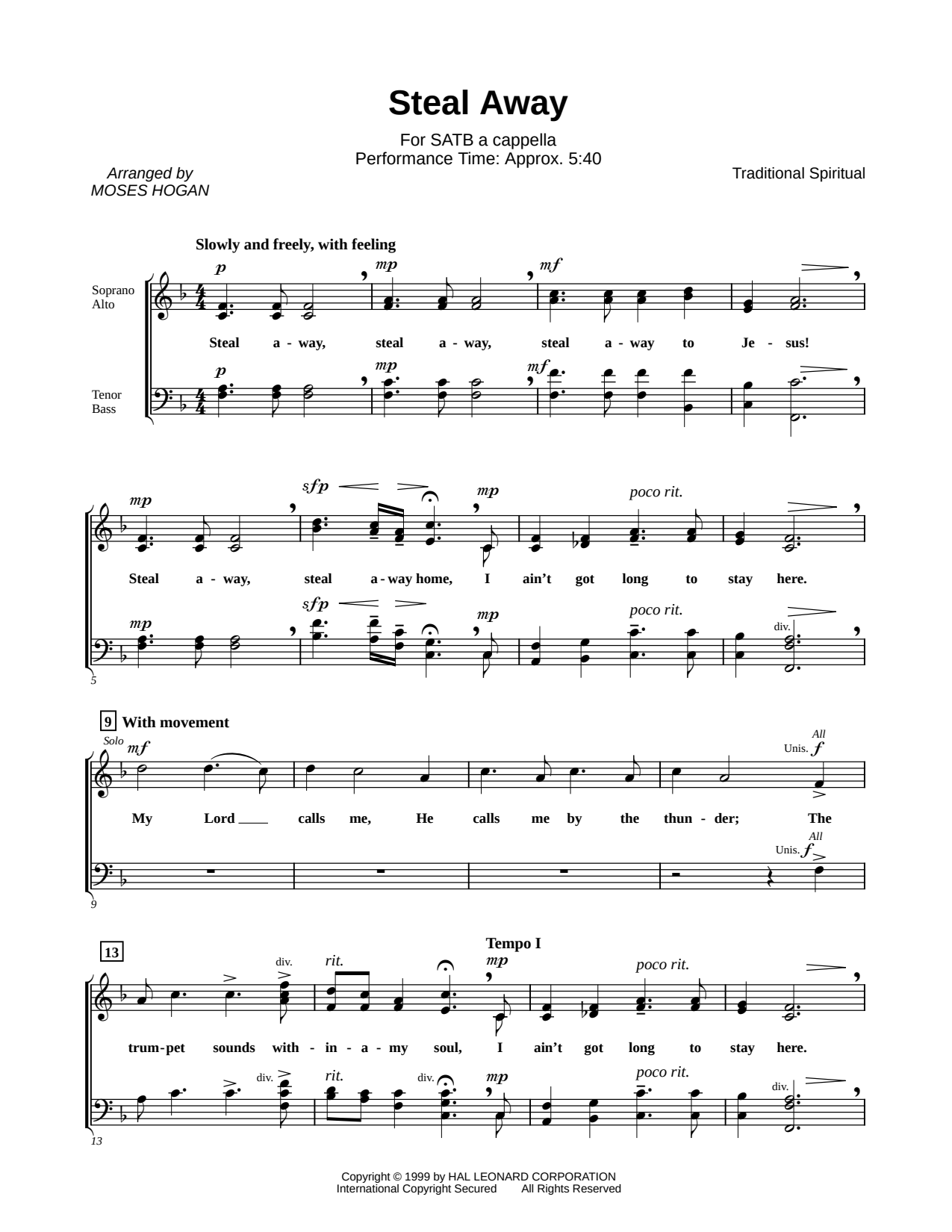 Steal Away Sheet Music — SATB Choir A Cappella