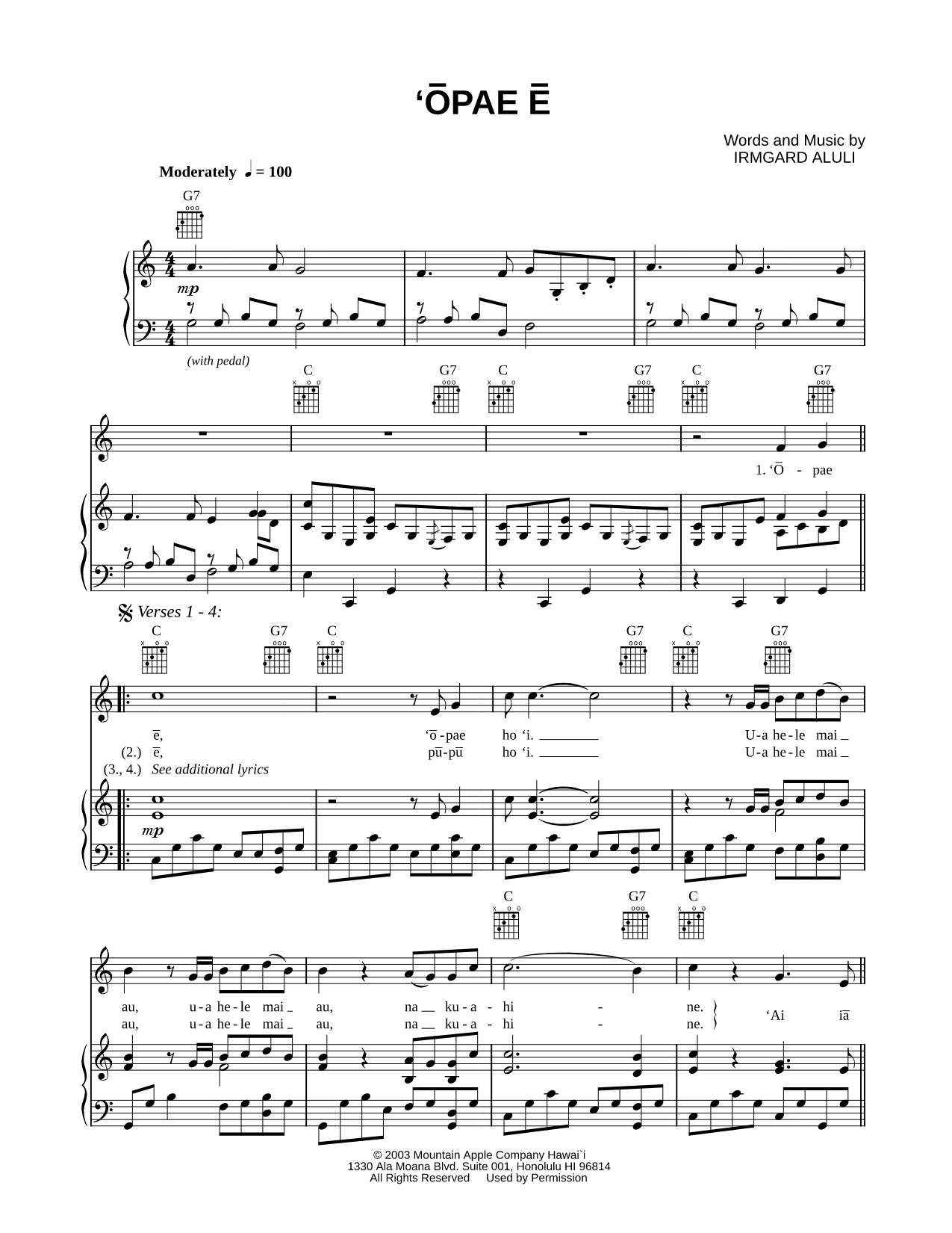 Opae E Sheet Music — Piano/Vocal/Guitar