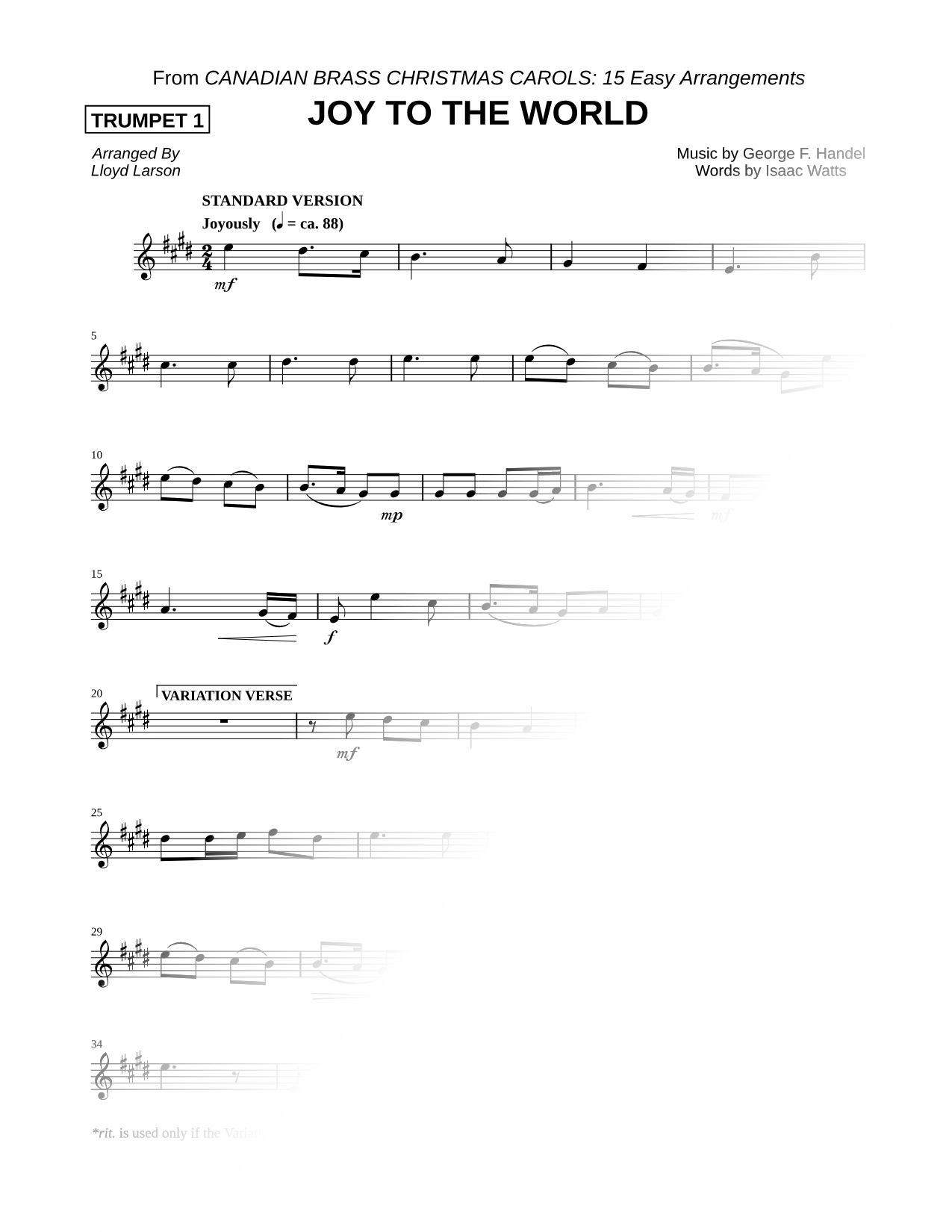 Joy to the World - Trumpet 1 (Brass Quintet)