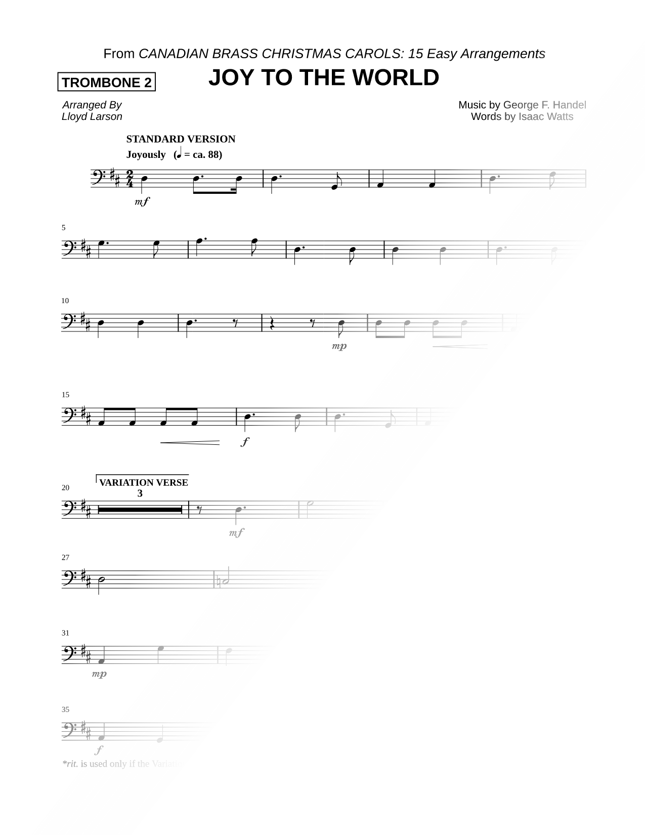 Joy to the World - Trombone 2 (Brass Quintet)