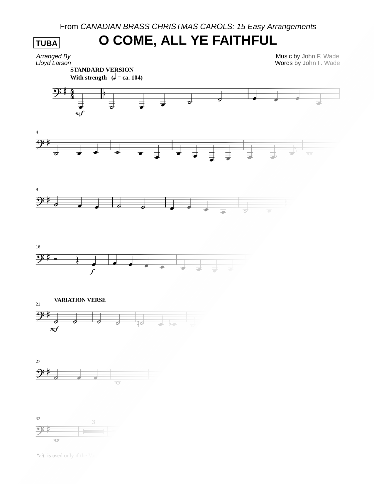 O Come, All Ye Faithful - Tuba (Brass Quintet)