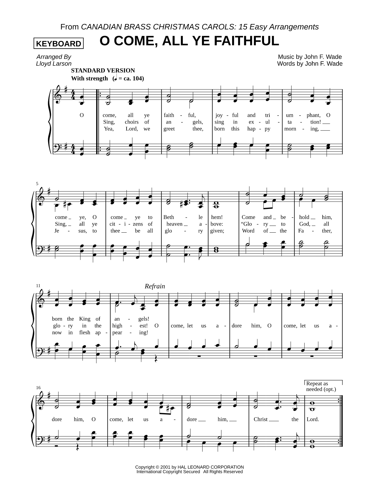 O Come, All Ye Faithful - Keyboard (Brass Quintet)