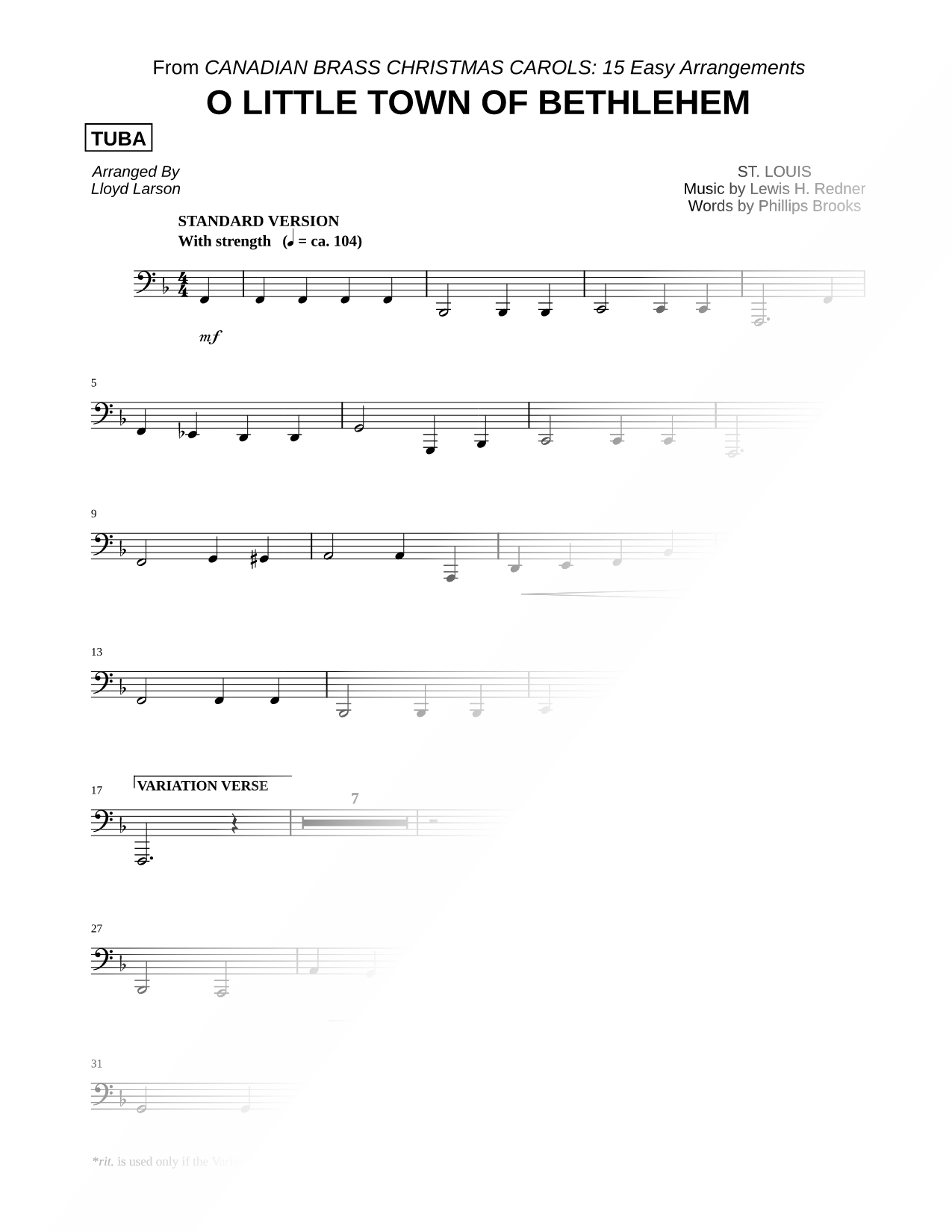 O Little Town of Bethlehem - Tuba (Brass Quintet)
