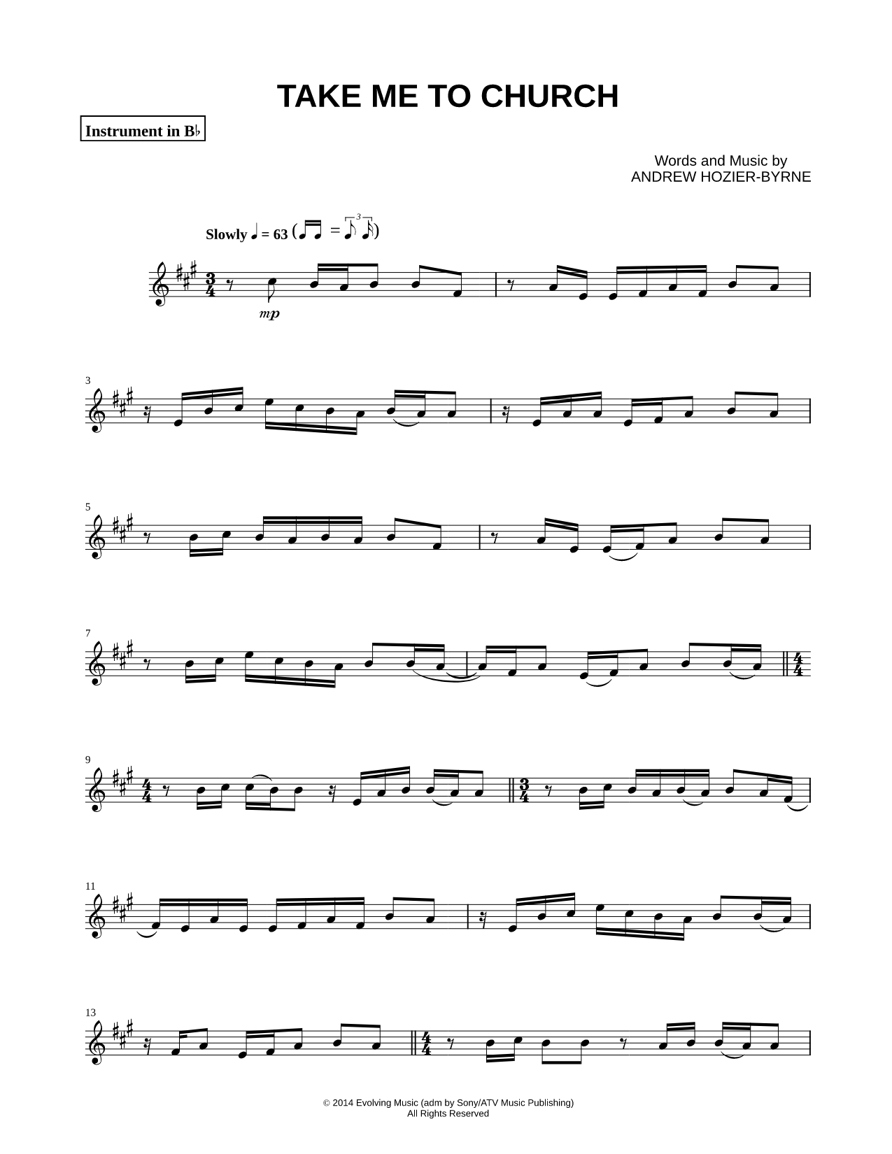 Take Me to Church - Bb Instrument