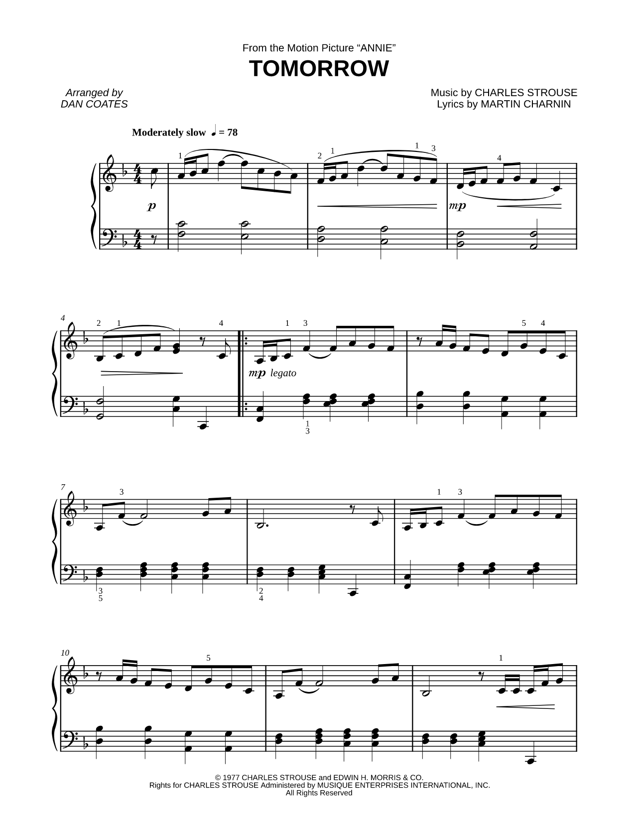 Tomorrow Sheet Music — Easy Piano
