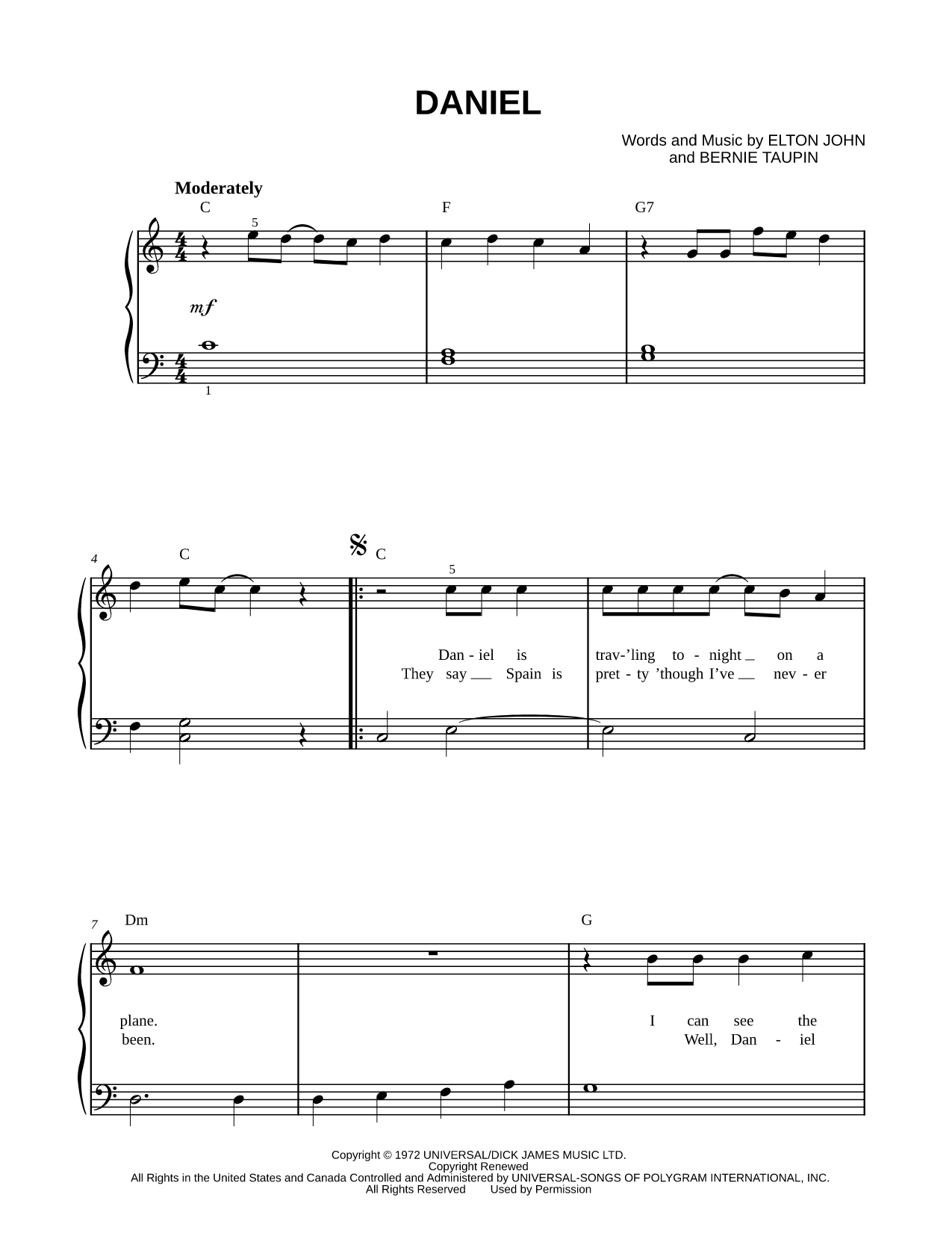 Daniel Sheet Music — Easy Piano