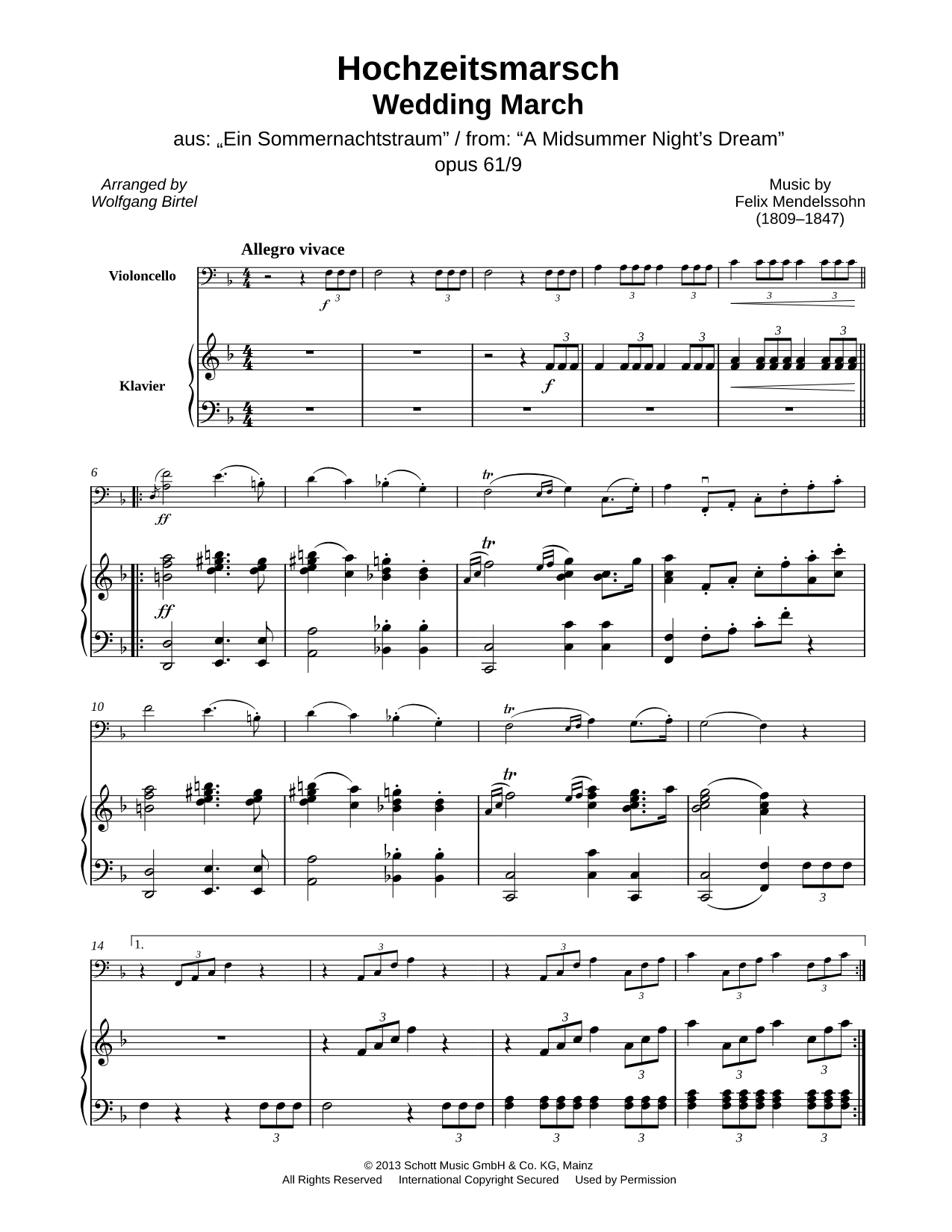 Wedding March from A Midsummer Night's Dream, Op. 61, No. 9 - Cello & Piano