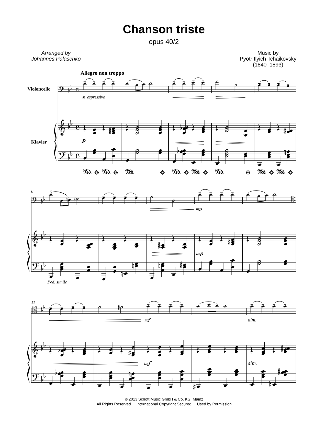 Chanson Triste, Op. 40, No. 2 - Cello & Piano