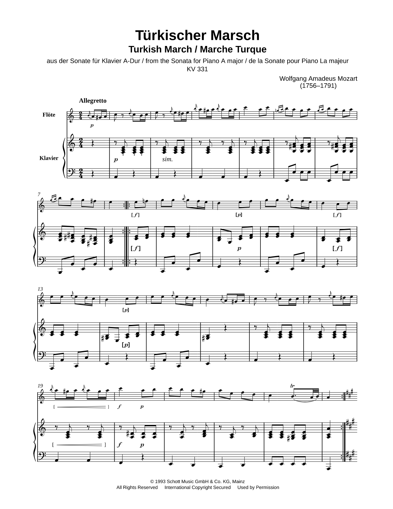 Turkish March from Sonata for Piano in A Major, KV. 331 - Flute & Piano