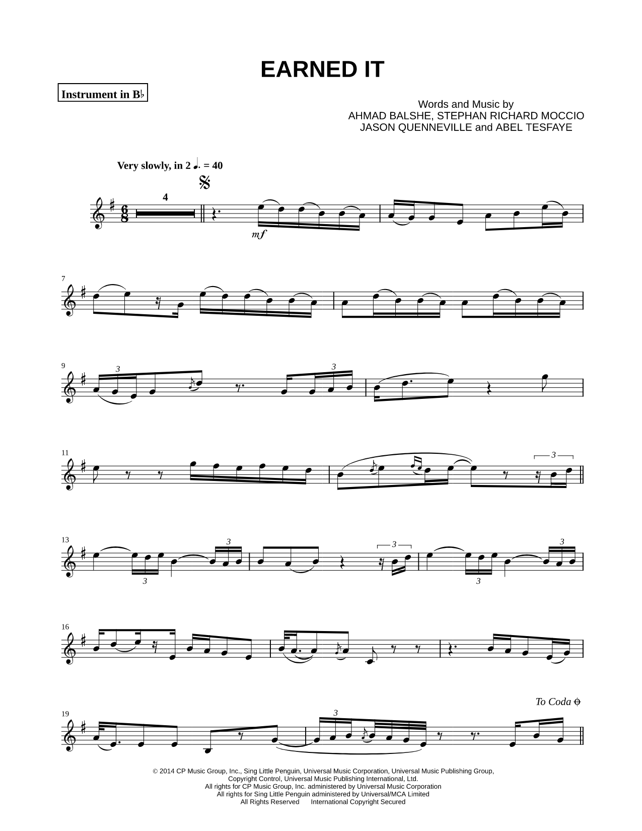 Earned It (Fifty Shades of Grey) - Bb Instrument
