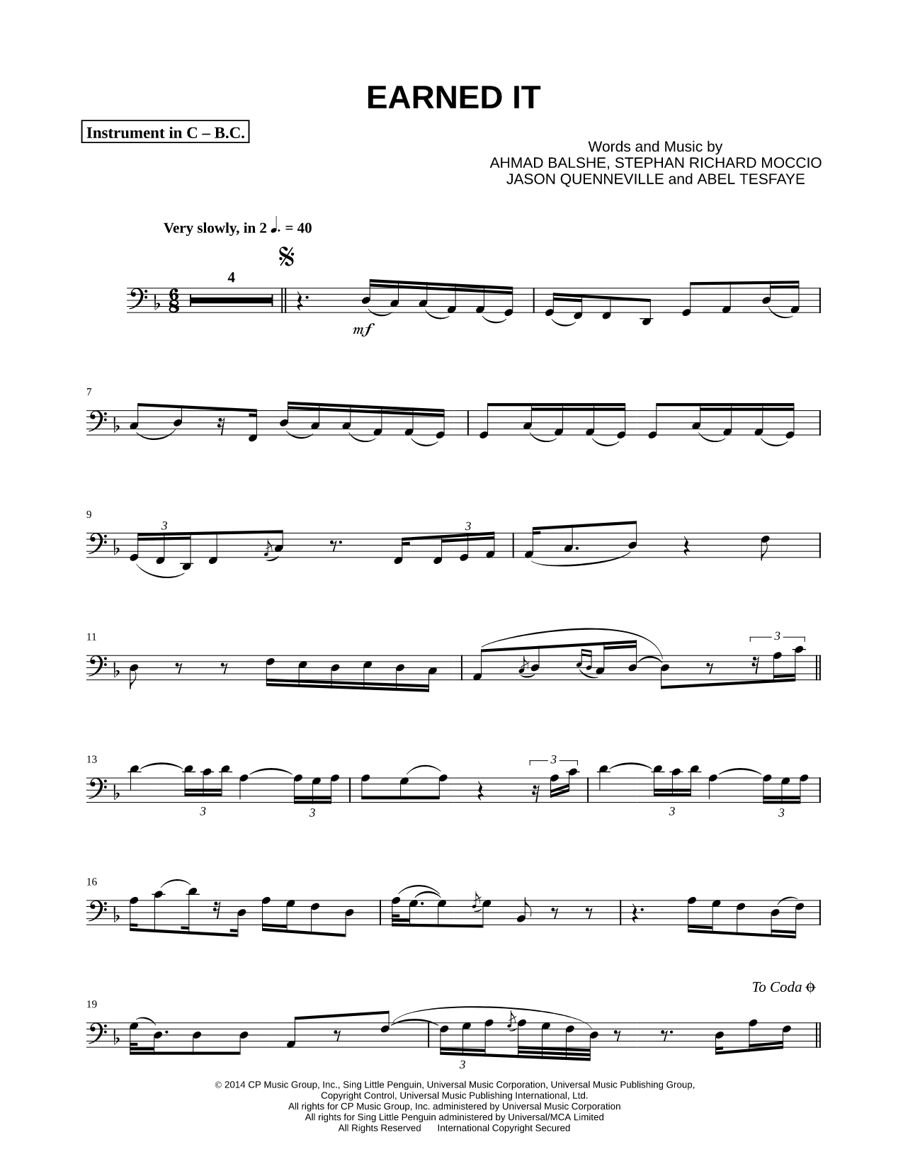 Earned It (Fifty Shades of Grey) - Bass Clef Instrument