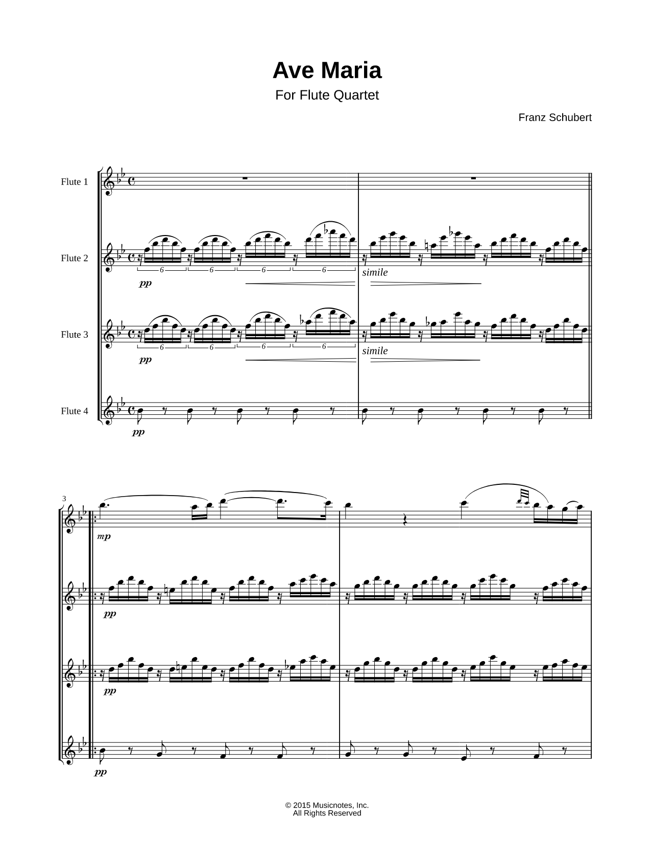 Ave Maria, D. 839, Op. 52, No. 6 - Flute Quartet Score