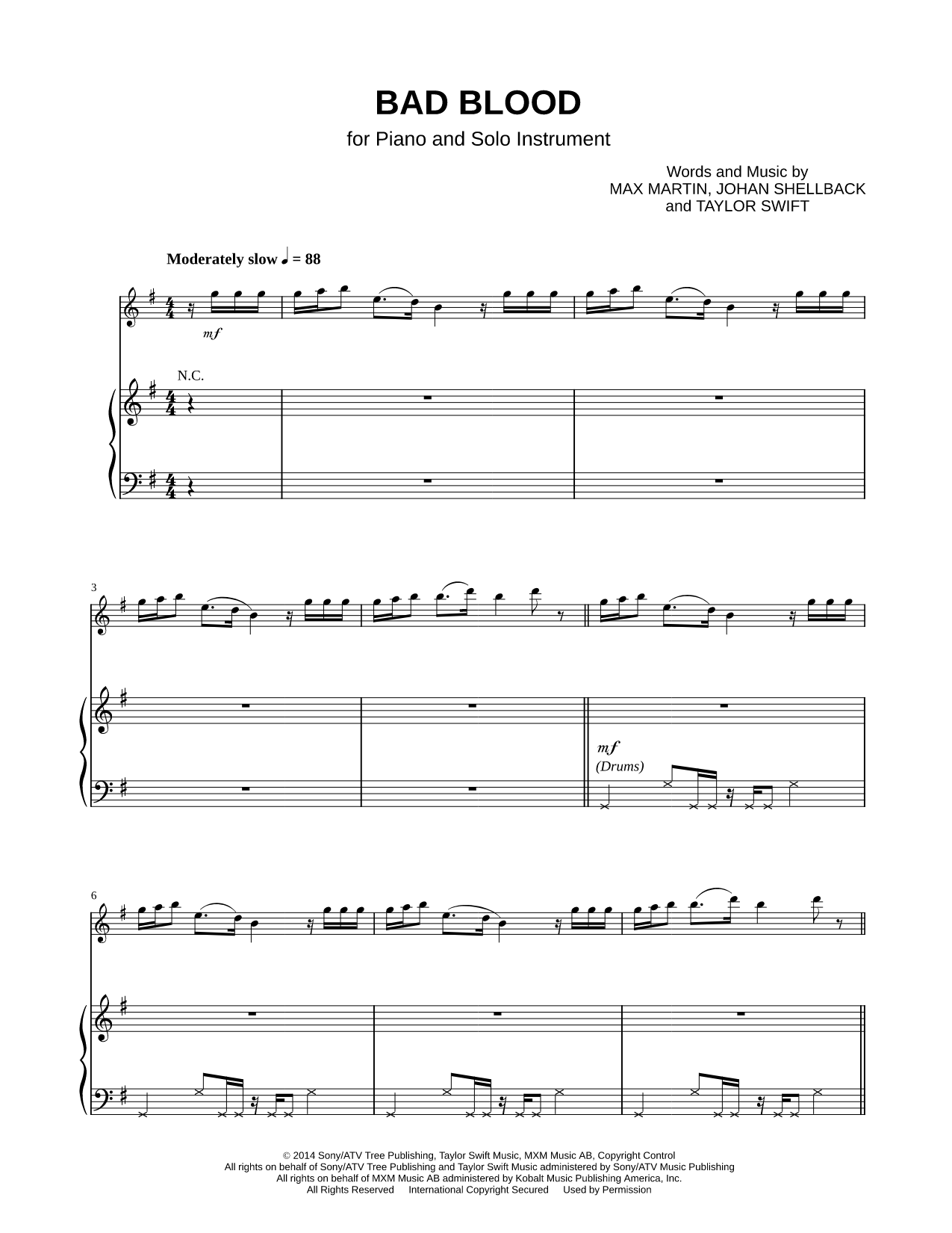 Bad Blood - Piano Accompaniment