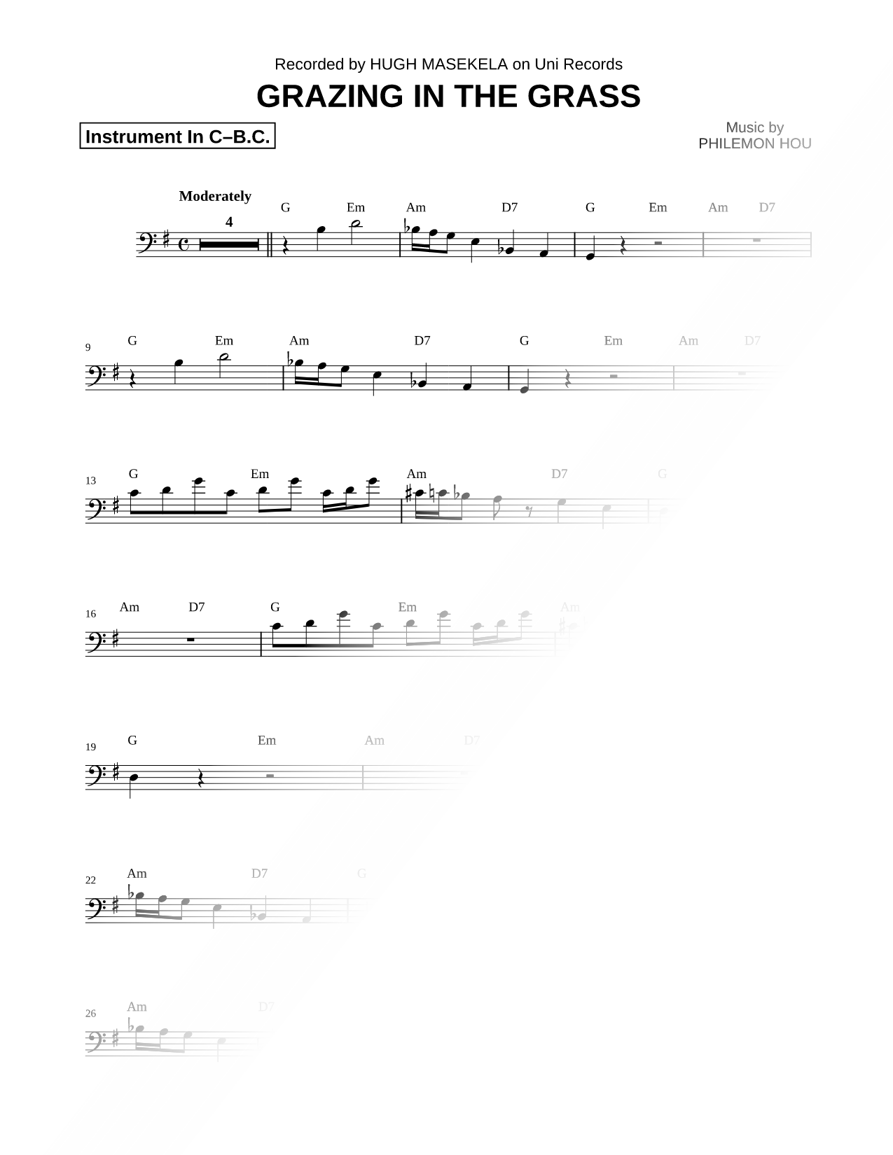 Grazing in the Grass - Bass Clef Instrument