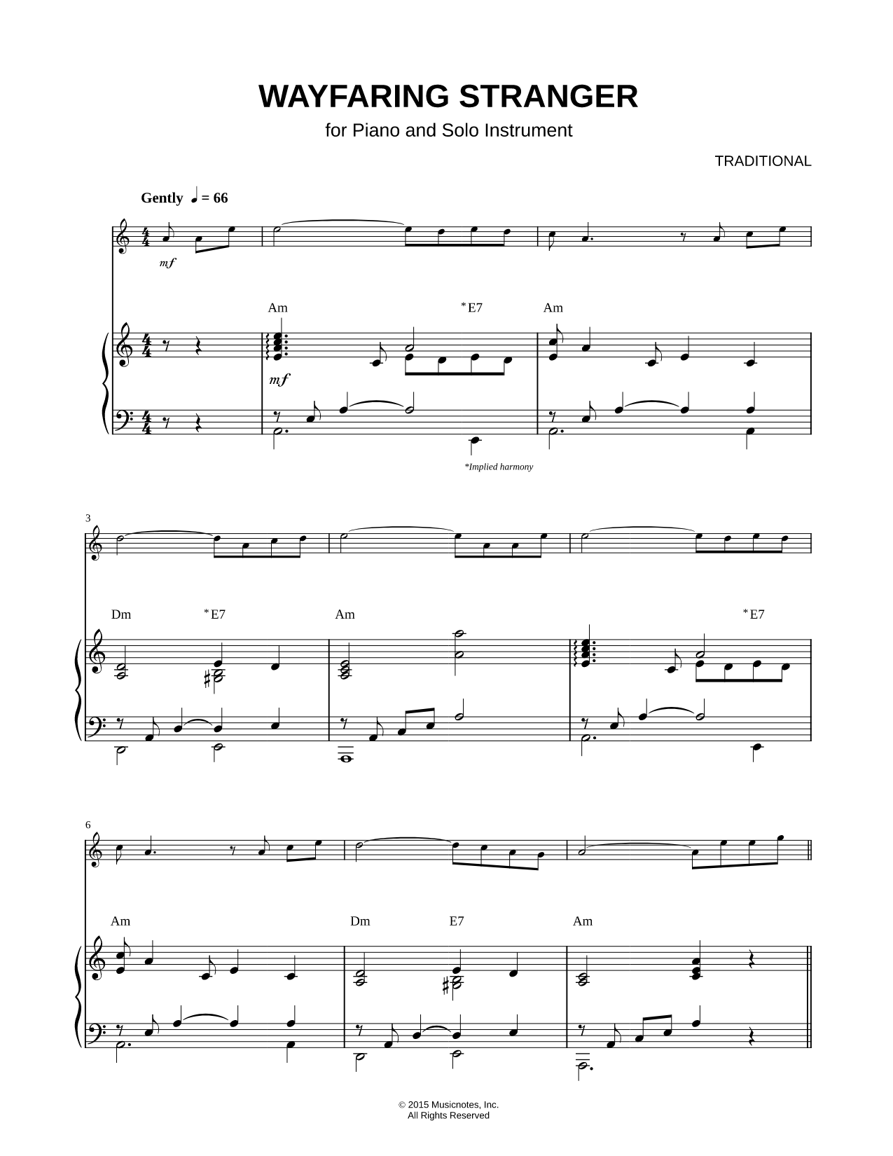 Wayfaring Stranger - Piano Accompaniment Sheet Music — Flute, Oboe, Recorder or Violin Part and Piano Accompaniment