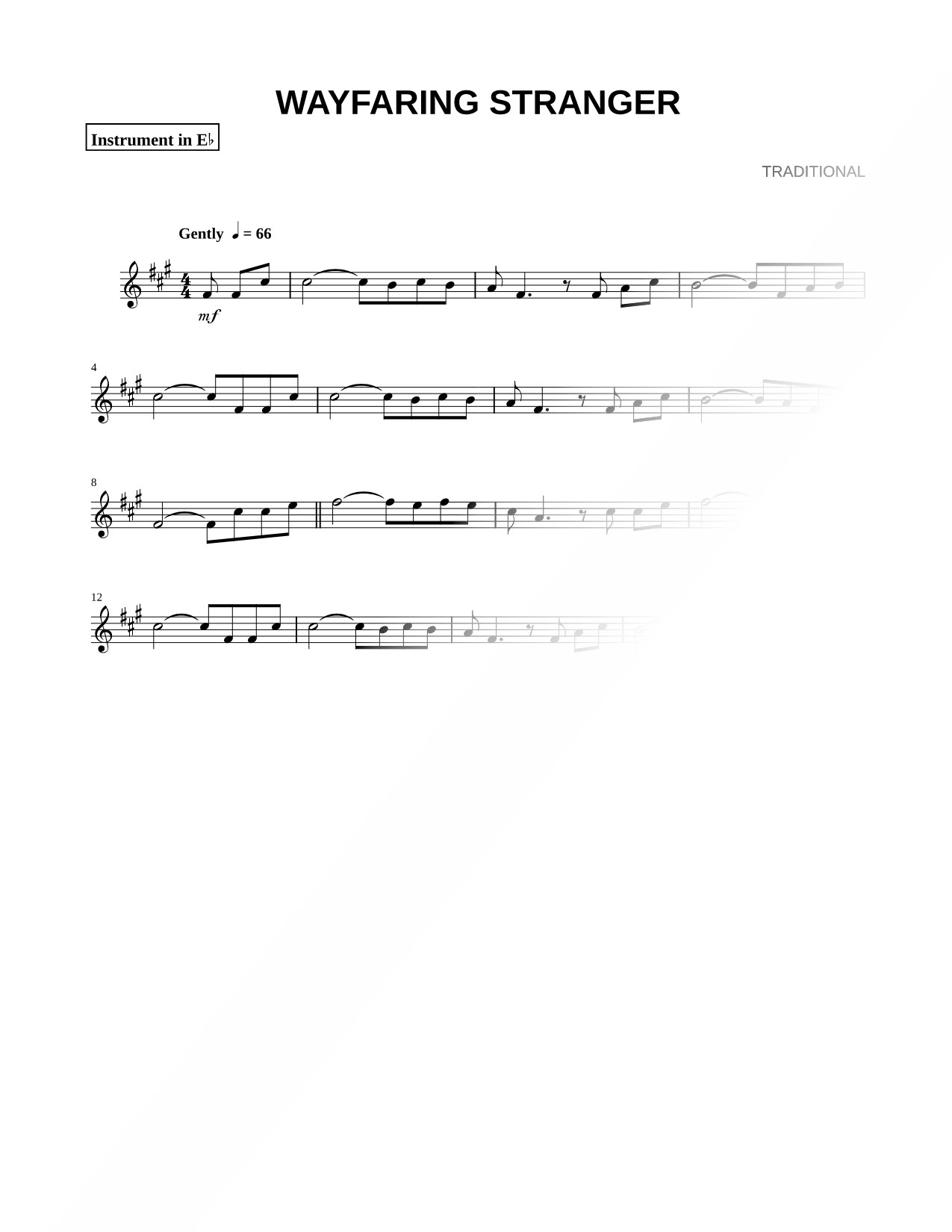 Wayfaring Stranger - Eb Instrument Sheet Music — for Alto Saxophone or Baritone Saxophone