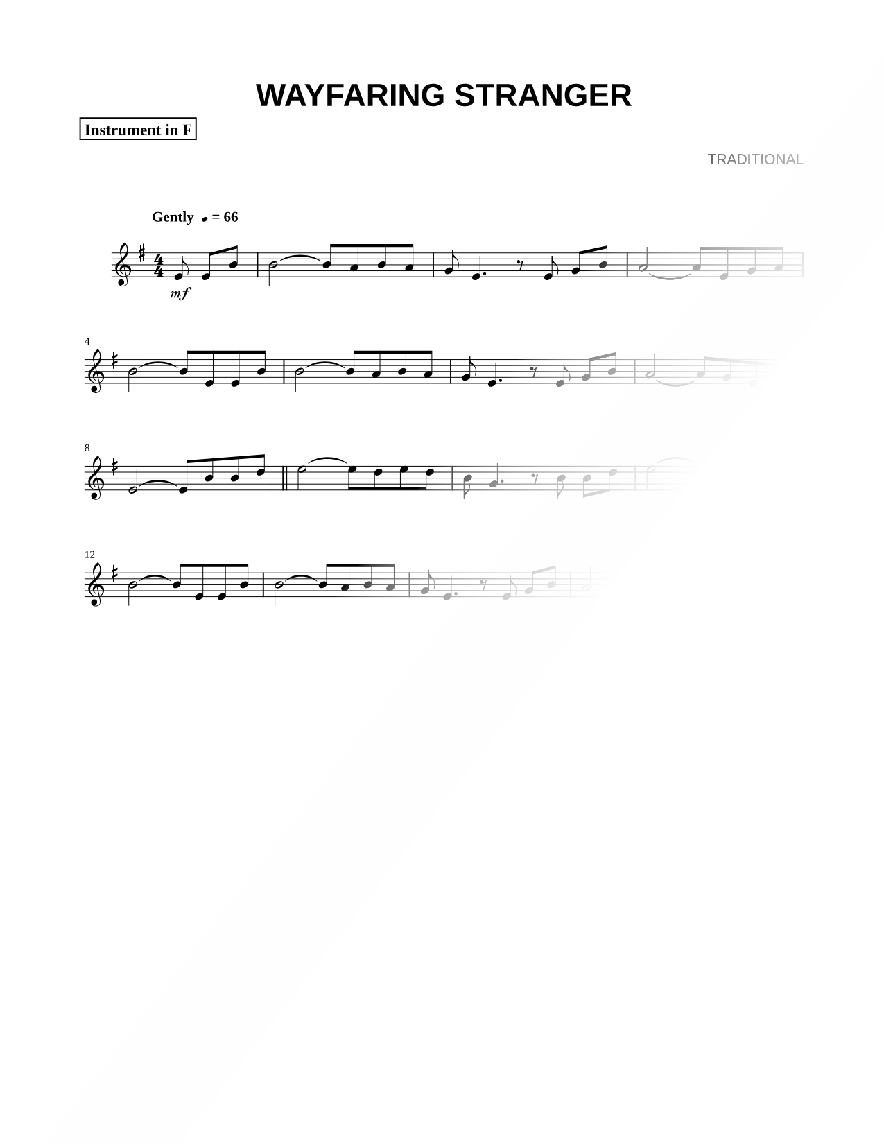 Wayfaring Stranger - F Instrument Sheet Music — for F Instrument or French Horn