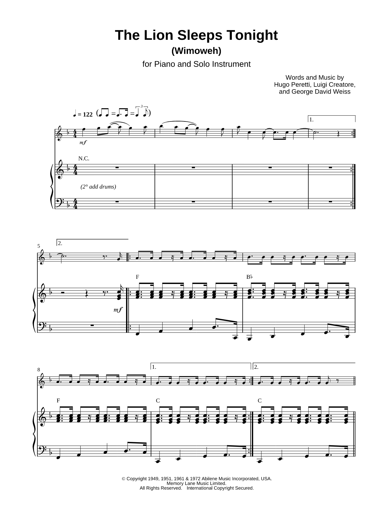 The Lion Sleeps Tonight - Piano Accompaniment