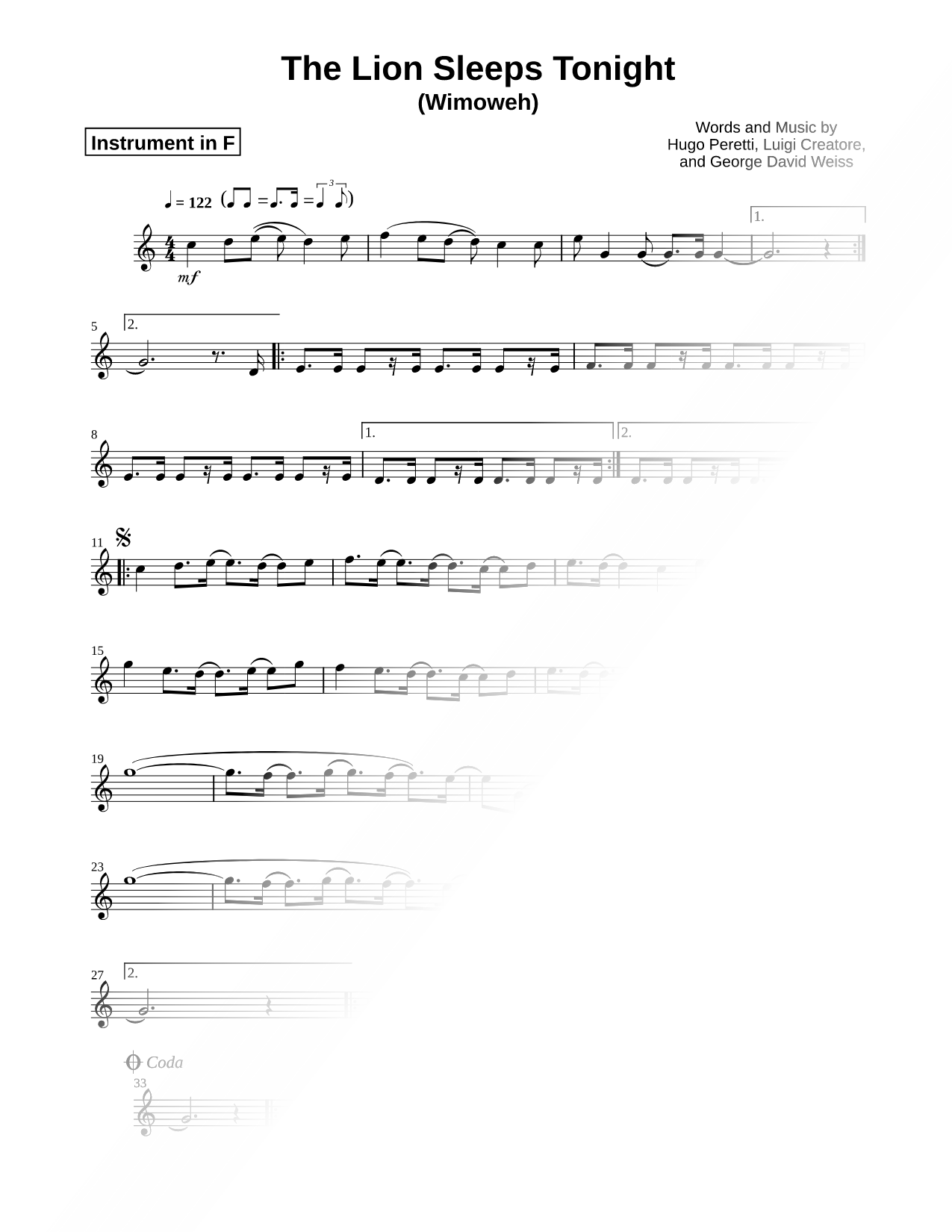 The Lion Sleeps Tonight - F Instrument