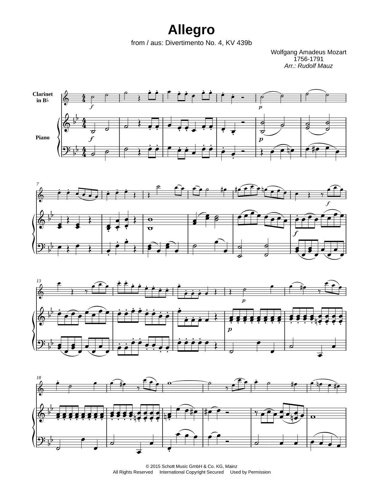 Divertimento No. 4, KV 439b: I. Allegro - Clarinet & Piano