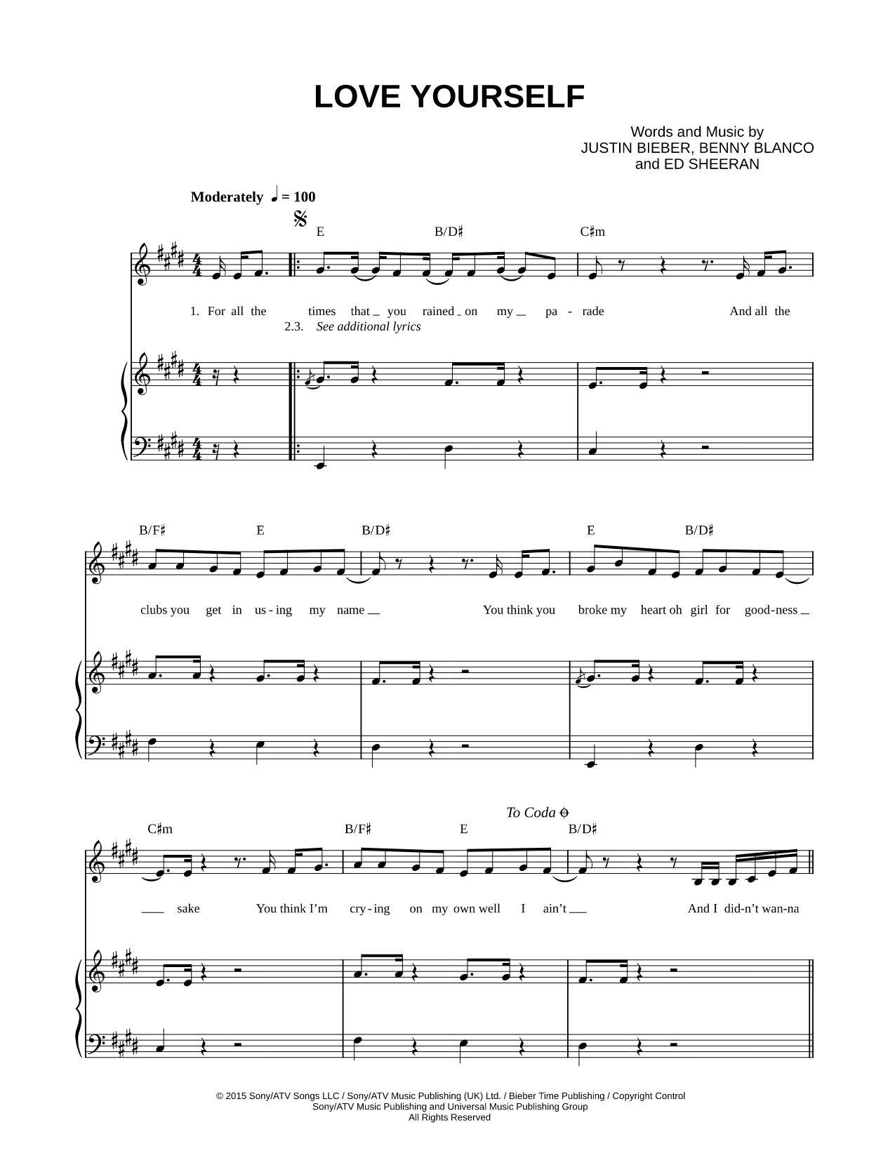 Love Yourself - by Justin Bieber - Piano/Vocal/Chords, Singer Pro