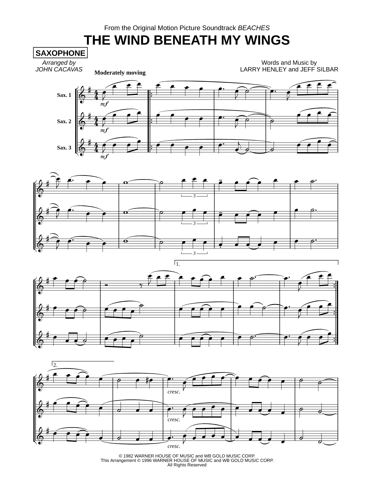 The Wind Beneath My Wings - Saxophone Trio