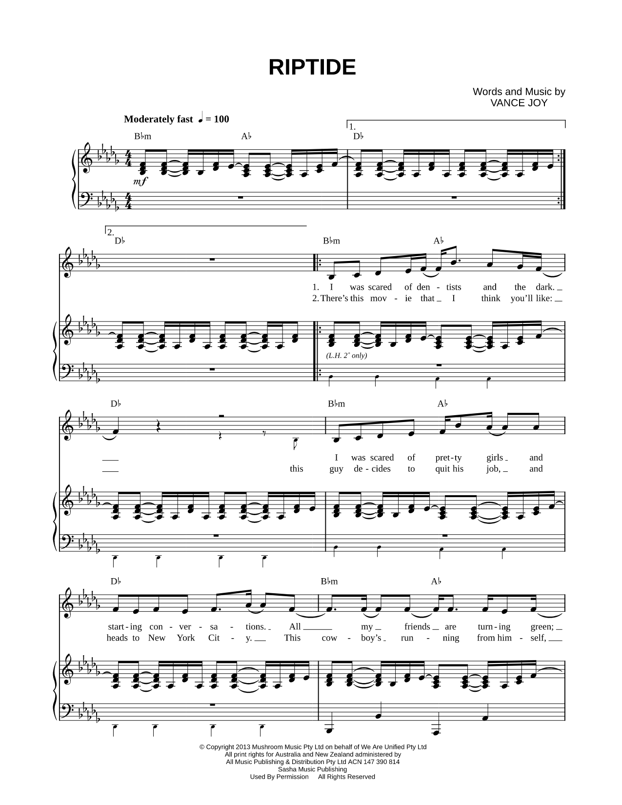 Riptide Sheet Music — Piano/Vocal/Chords