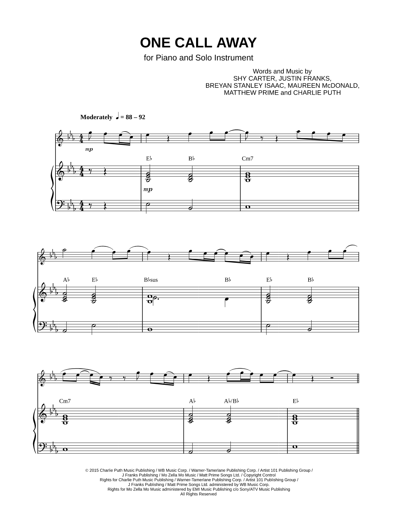 One Call Away - Piano Accompaniment