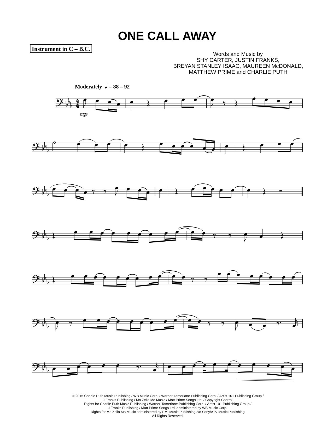 One Call Away - Bass Clef Instrument