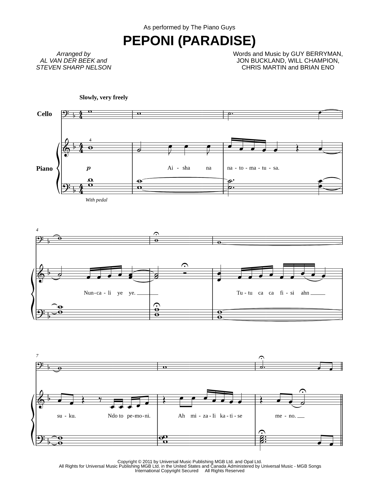Peponi (Paradise) - Cello & Piano/Vocal