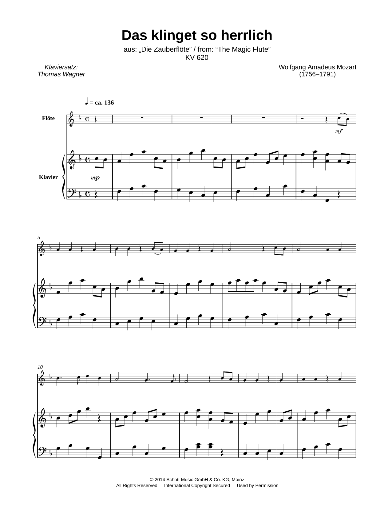 The Magic Flute, K. 620: Act I - "Das klinget so herrlich" - Flute & Piano