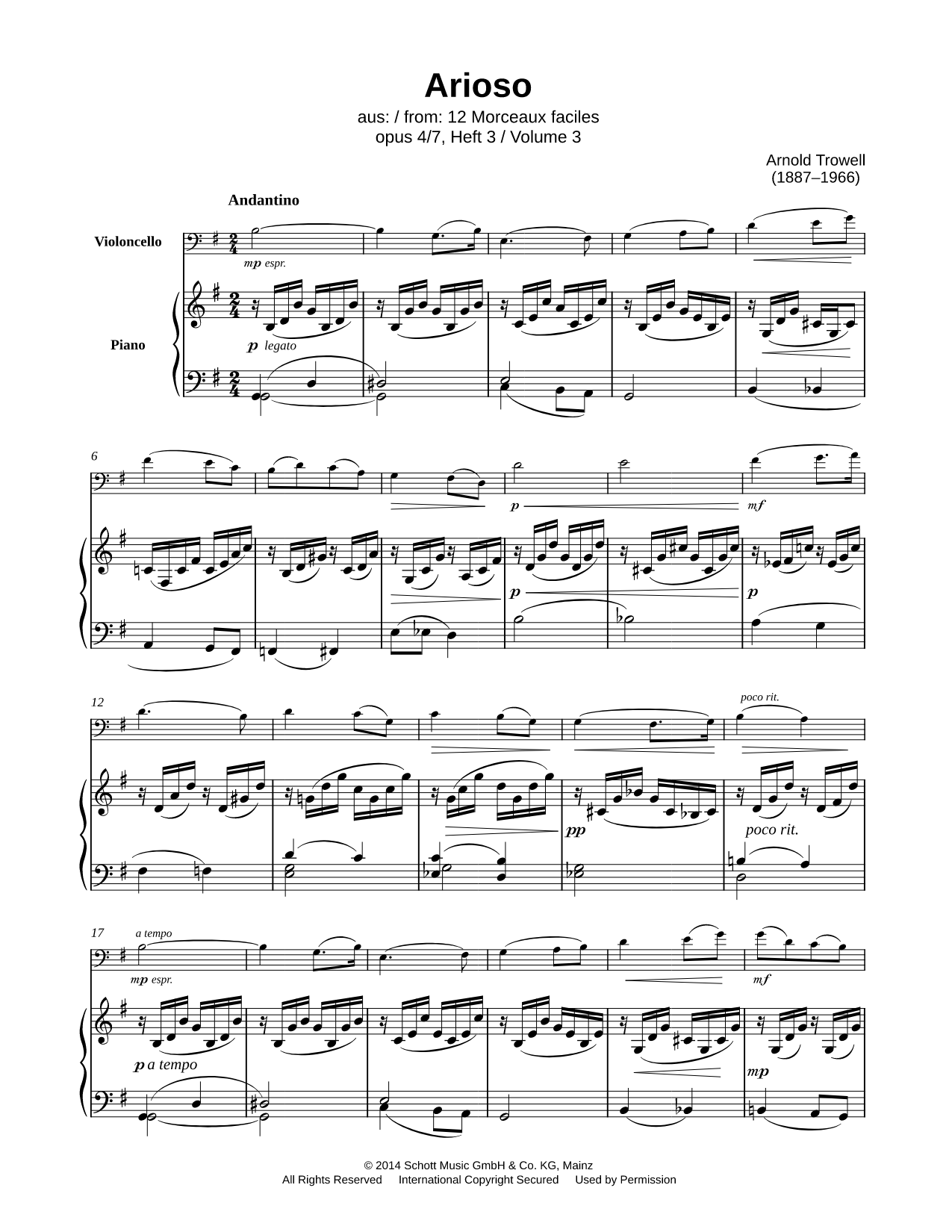12 Morceaux faciles, Op. 4: VII. Arioso - Cello & Piano