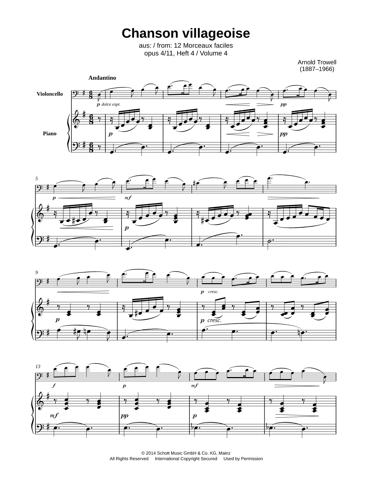 12 Morceaux faciles, Op. 4: XI. Chanson villageoise - Cello & Piano